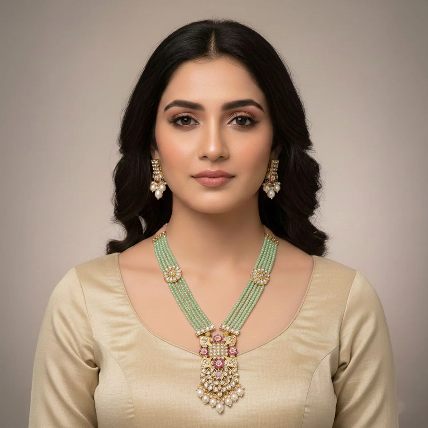 Floral Kundan Pendant Beaded Mala Set