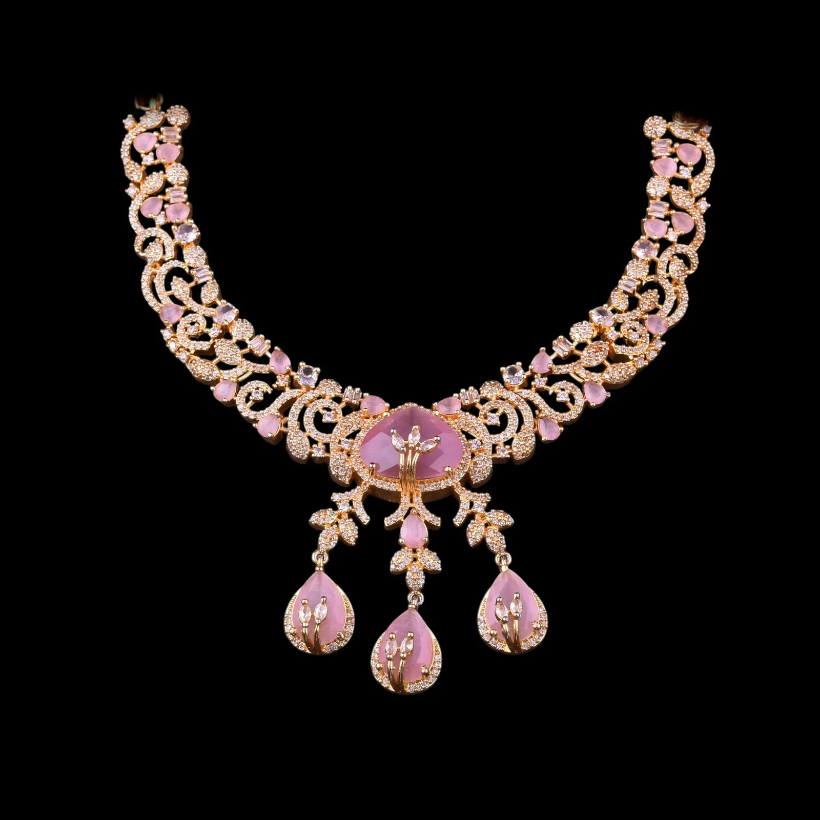 Pink American Diamond Necklace Set