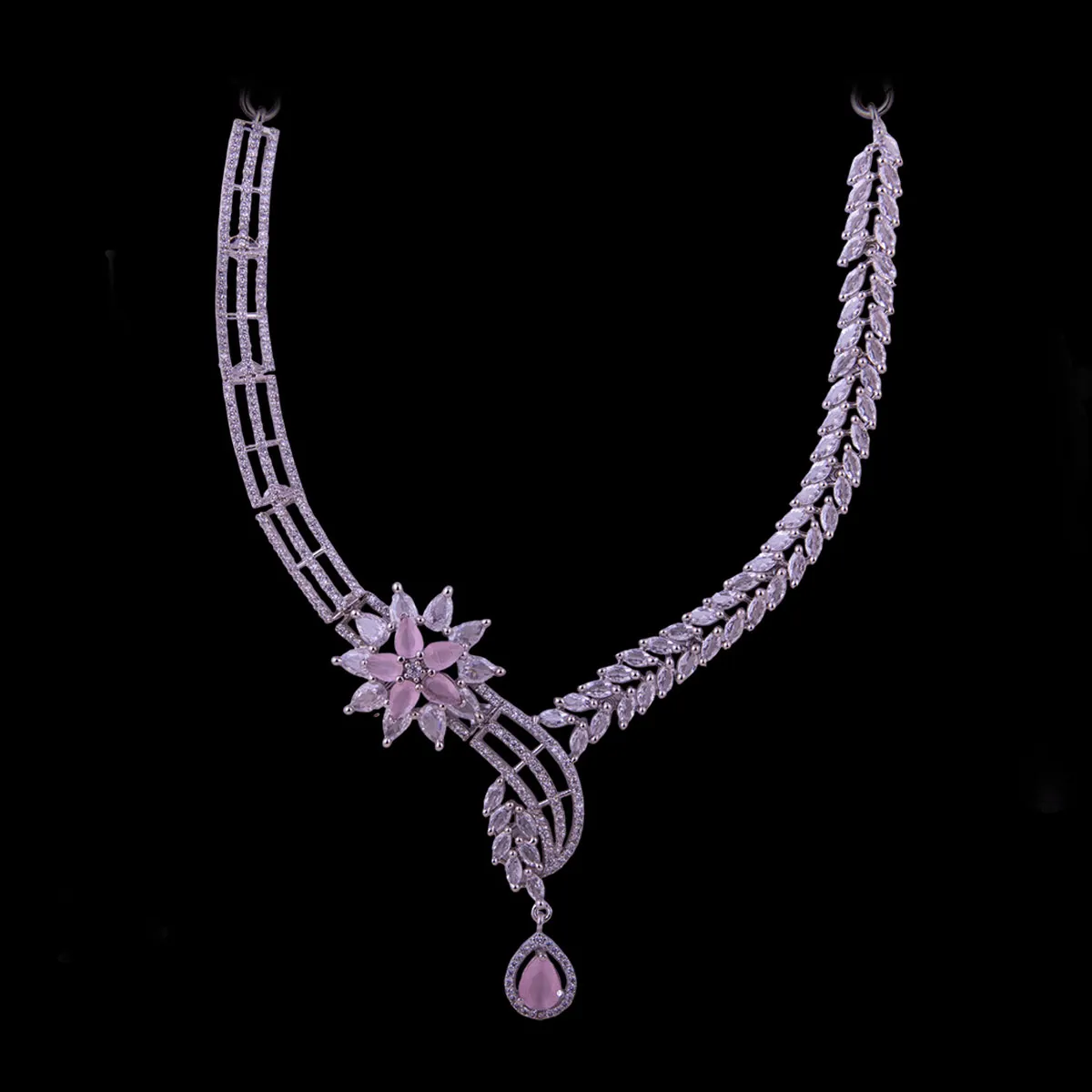 Pink Zircon Studded Floral Necklace Set