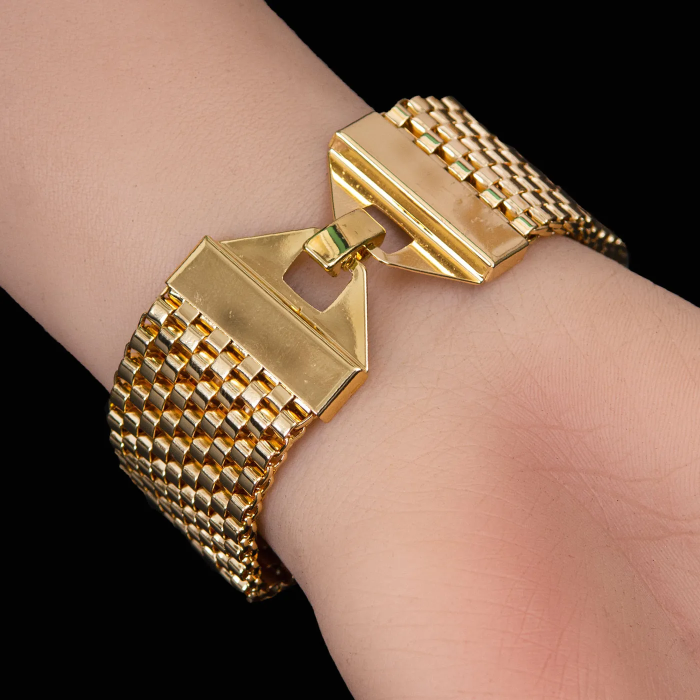 Gold Tone Wide Block Mesh Bracelet