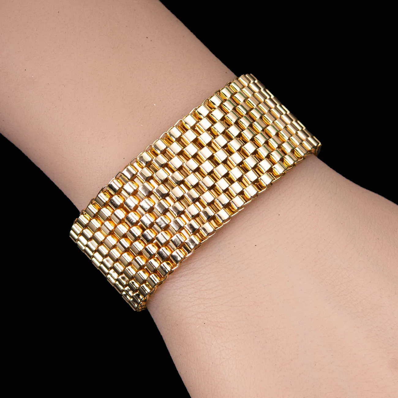 Gold Tone Wide Block Mesh Bracelet