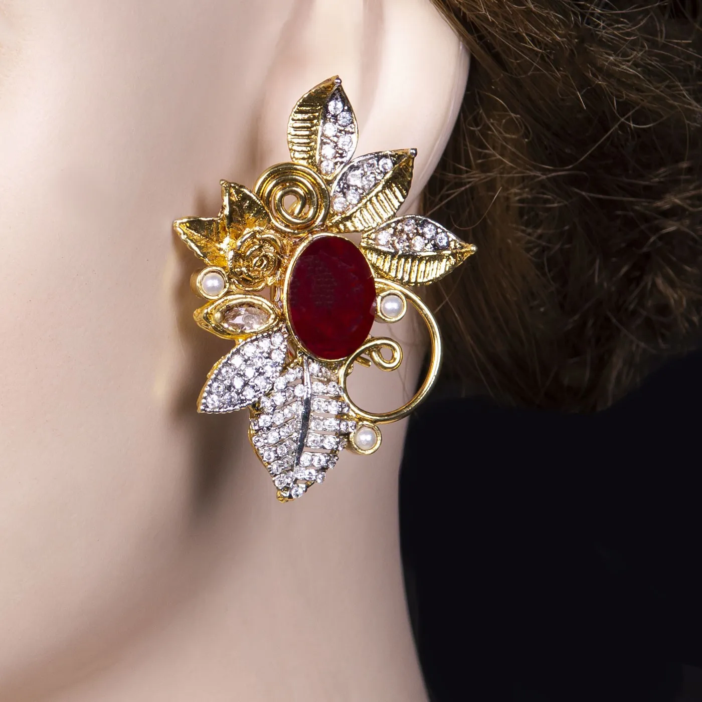 Red Oval Floral Leaf Earrings