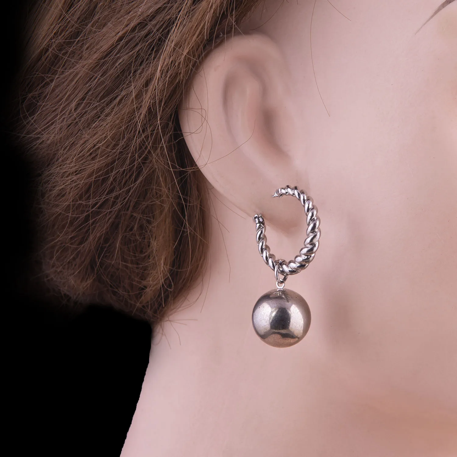 Silver Ball Drop Twisted Hoops Earrings