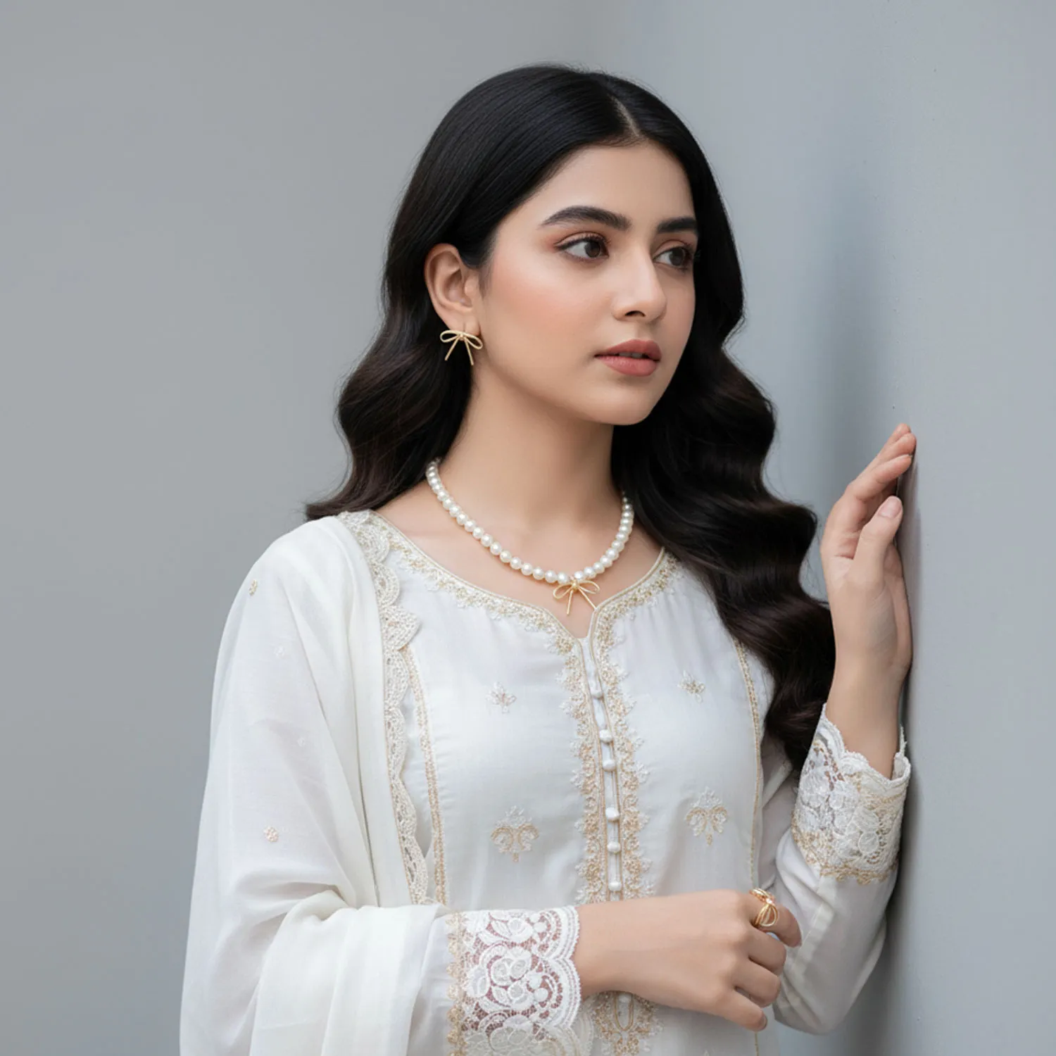 Pearl Necklace Earring And Ring Set