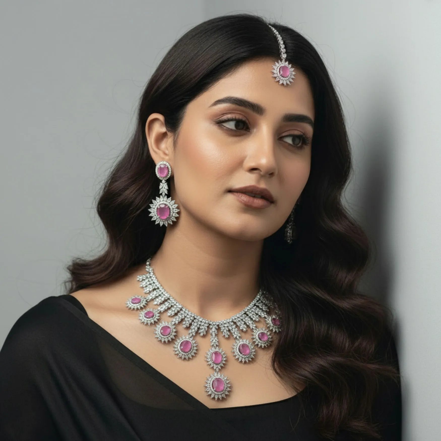 Pink Stone CZ Sunburst Necklace Jewellery Set