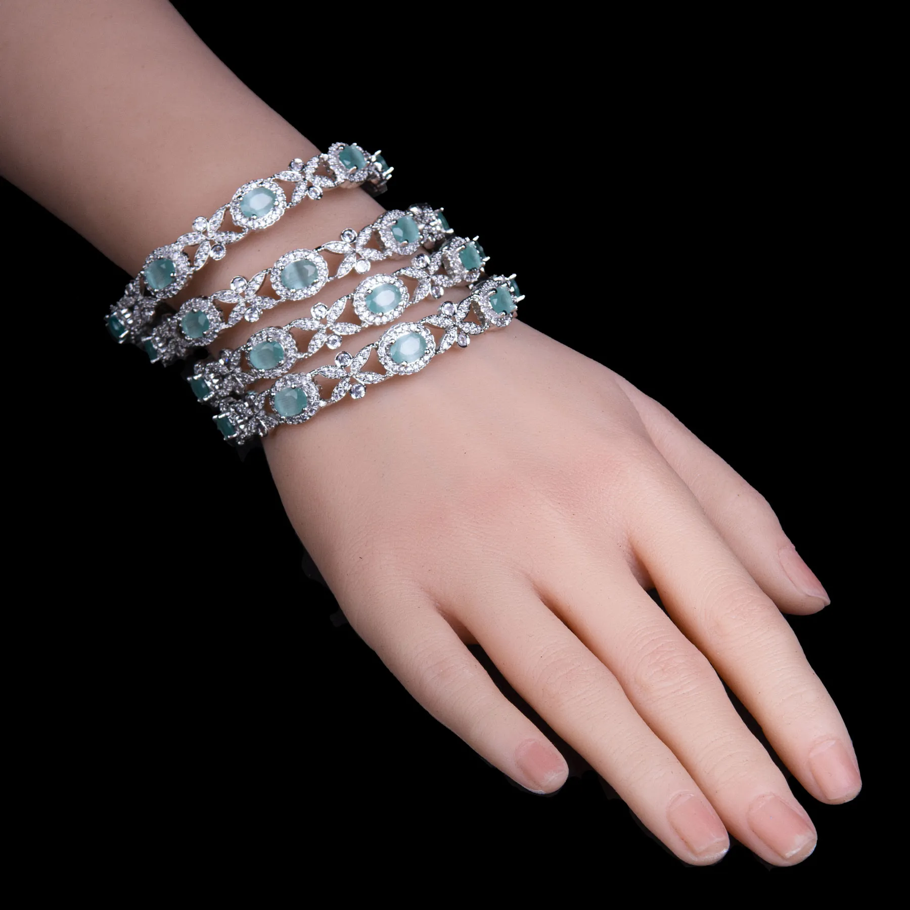 Mint CZ Stone Floral Bangles Set