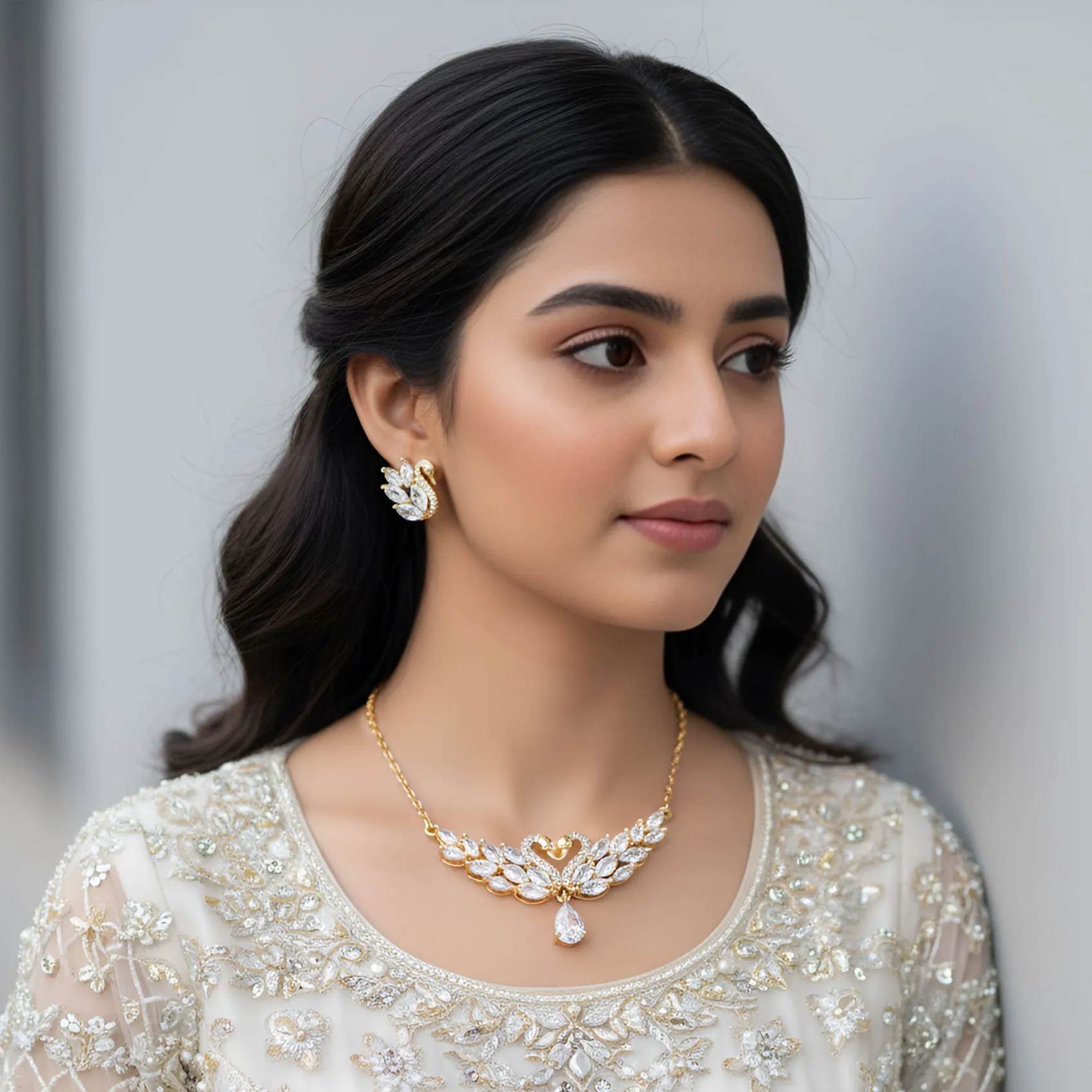 Gold Plated Crystal Swan Jewelry Set