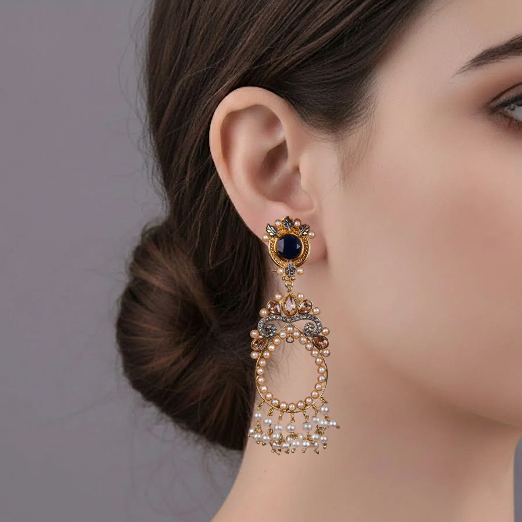 Chandbali Pearl Zircon Earrings