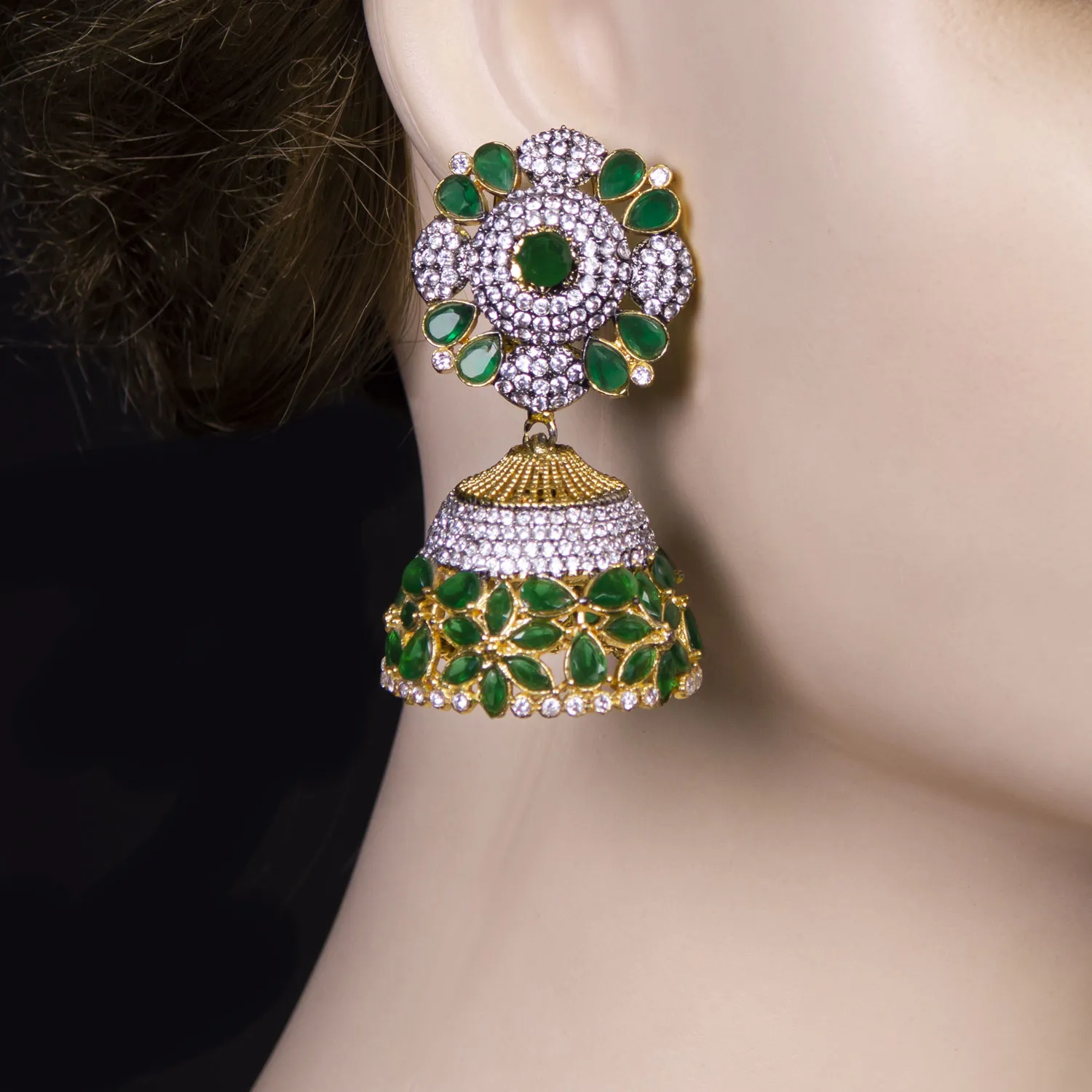 Emerald Blossom Kundan Jhumka Earrings