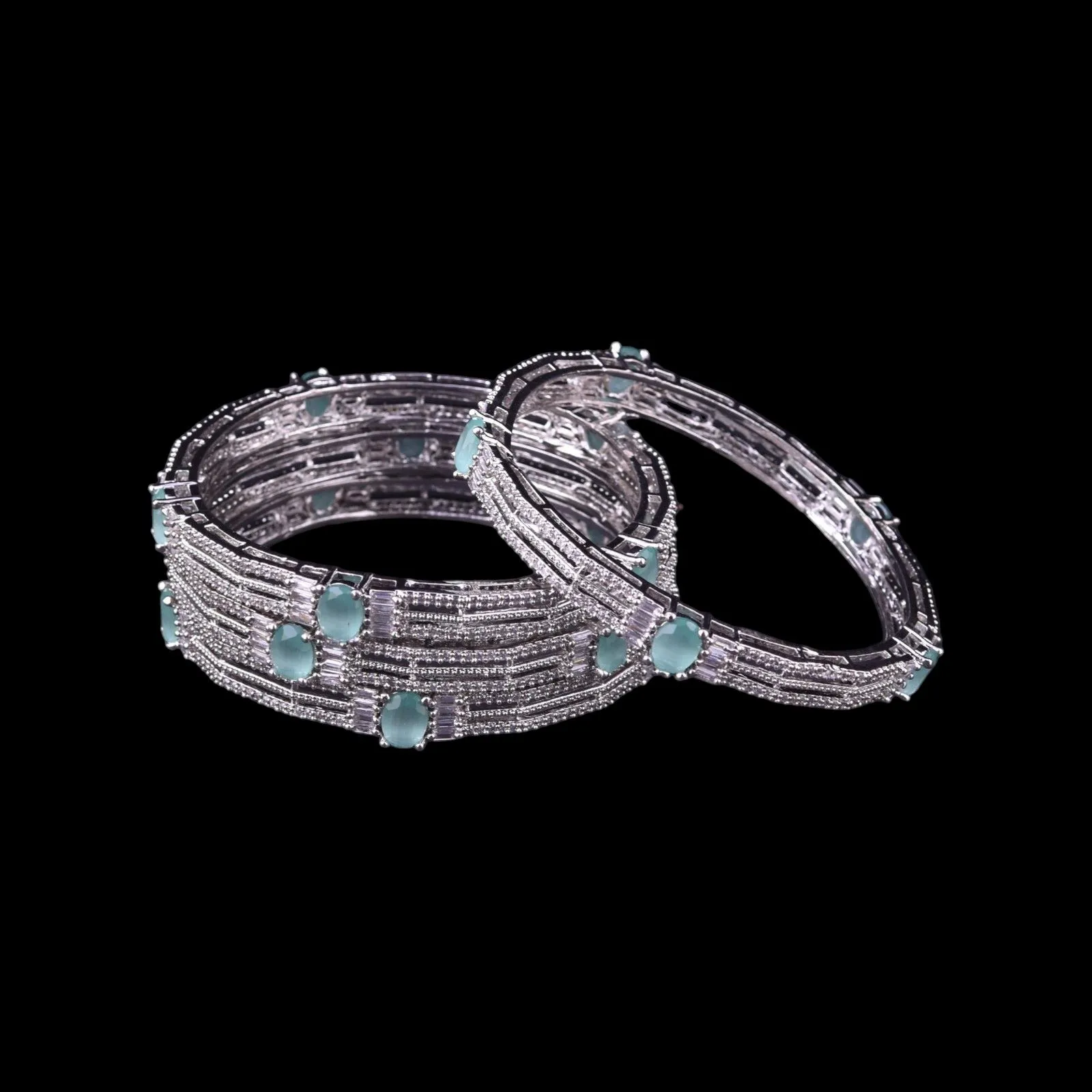 Silver Toned Mint Stone Bangles Set