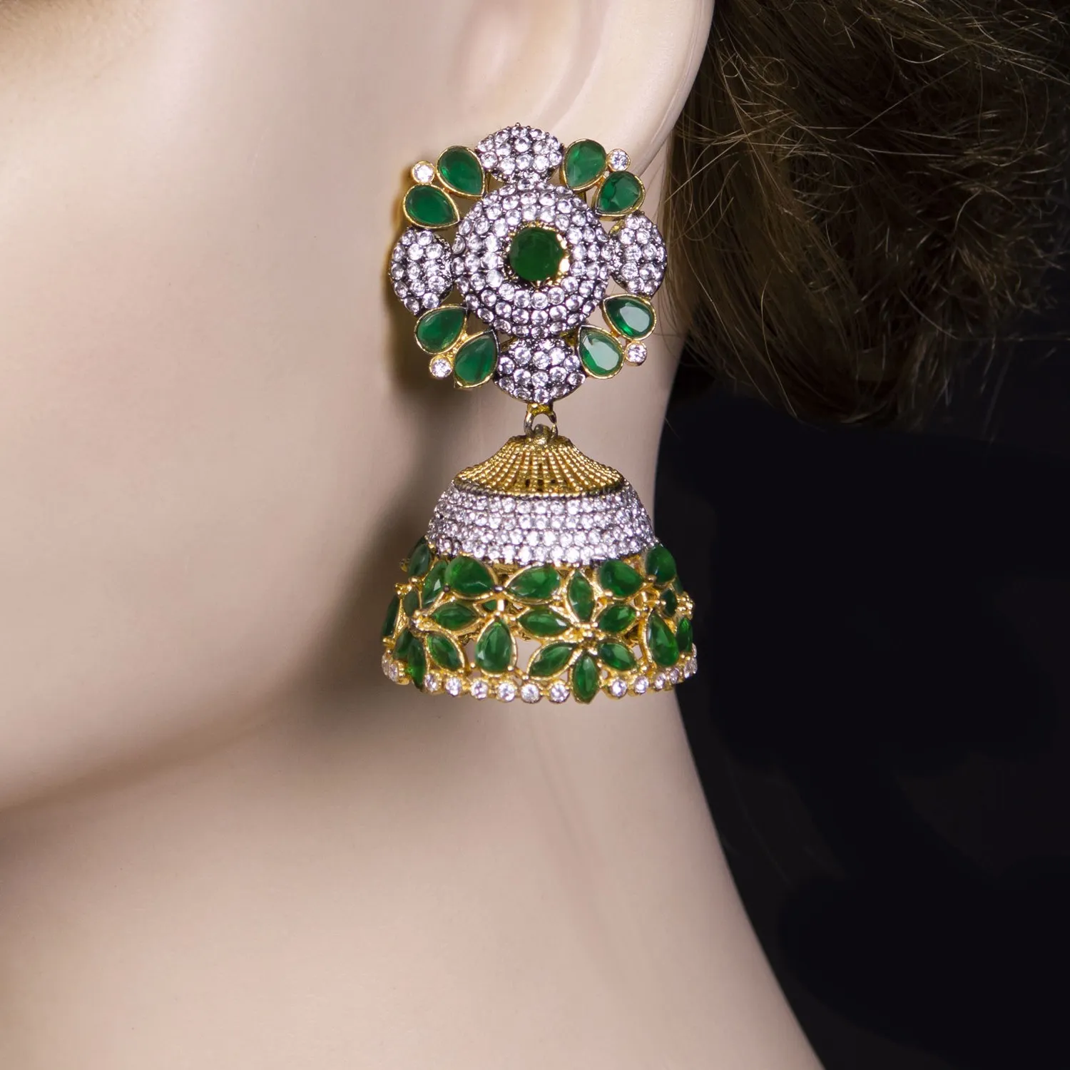 Emerald Blossom Kundan Jhumka Earrings