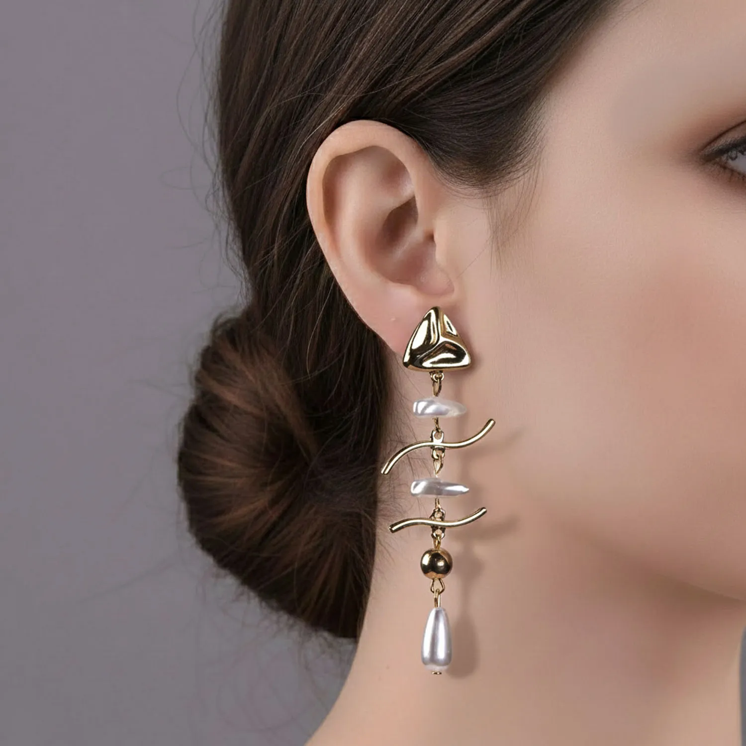 Golden Wave Pearl Drop Tops Earrings