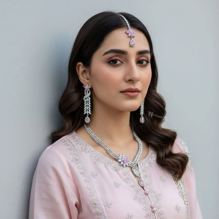 Pink Zircon Studded Floral Necklace Set