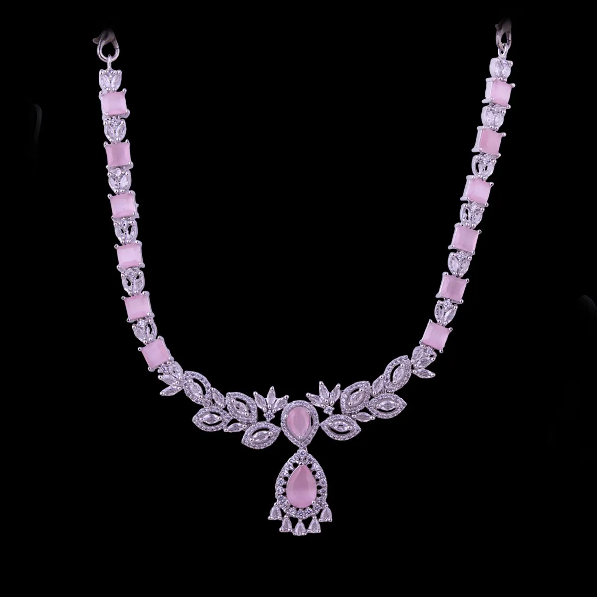 Pink American Diamond Silver Plated Jewellery Set