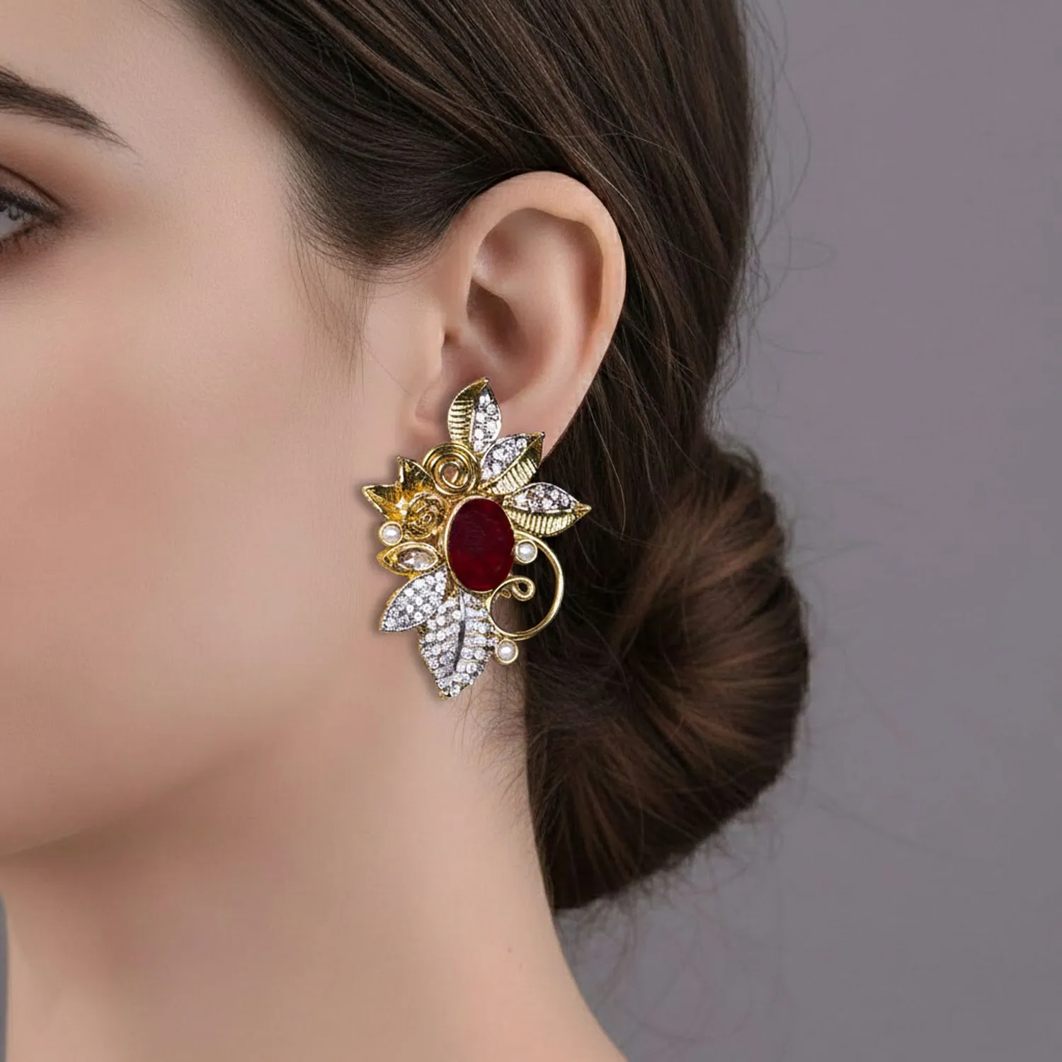 Red Oval Floral Leaf Earrings