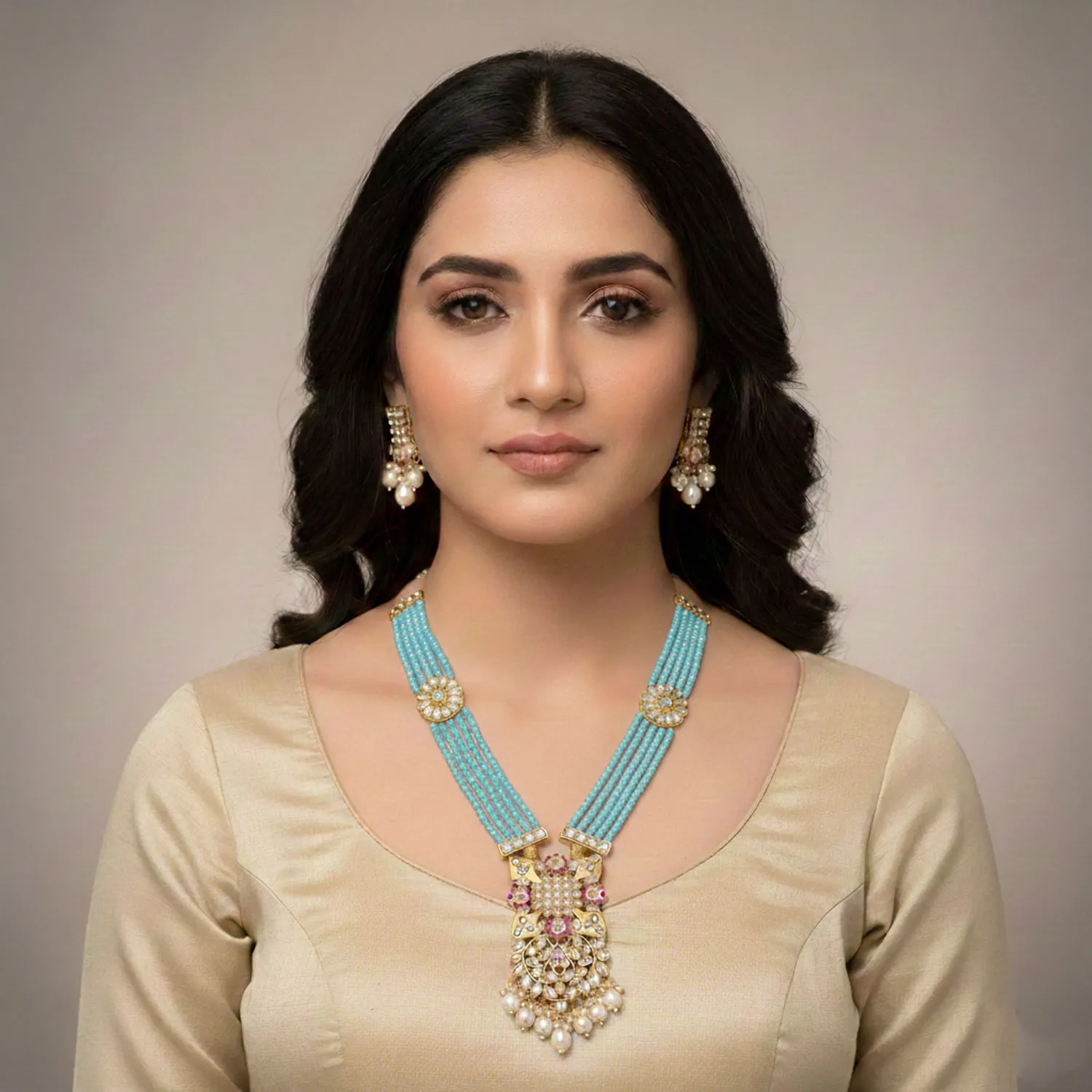 Floral Kundan Pendant Beaded Mala Set