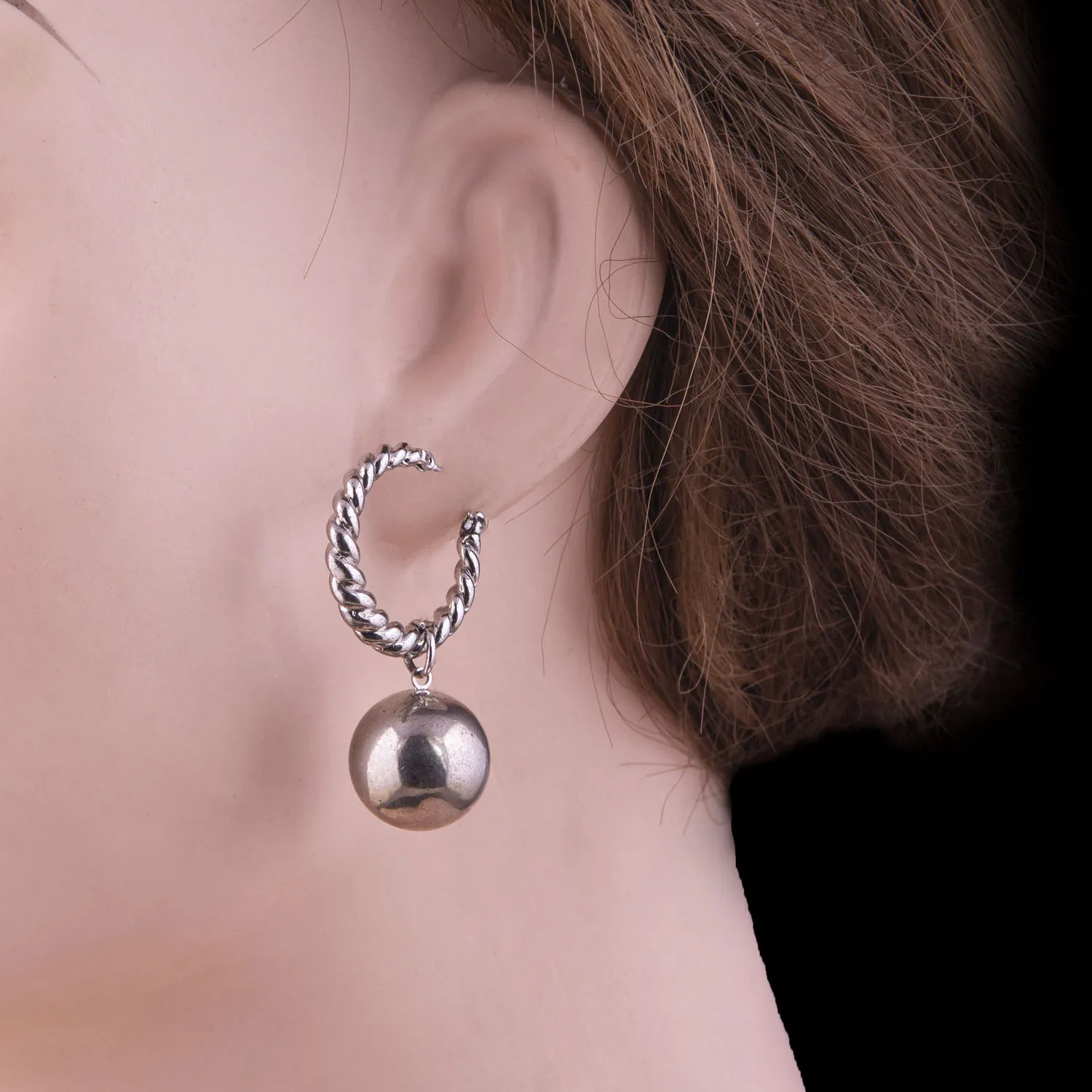 Silver Ball Drop Twisted Hoops Earrings