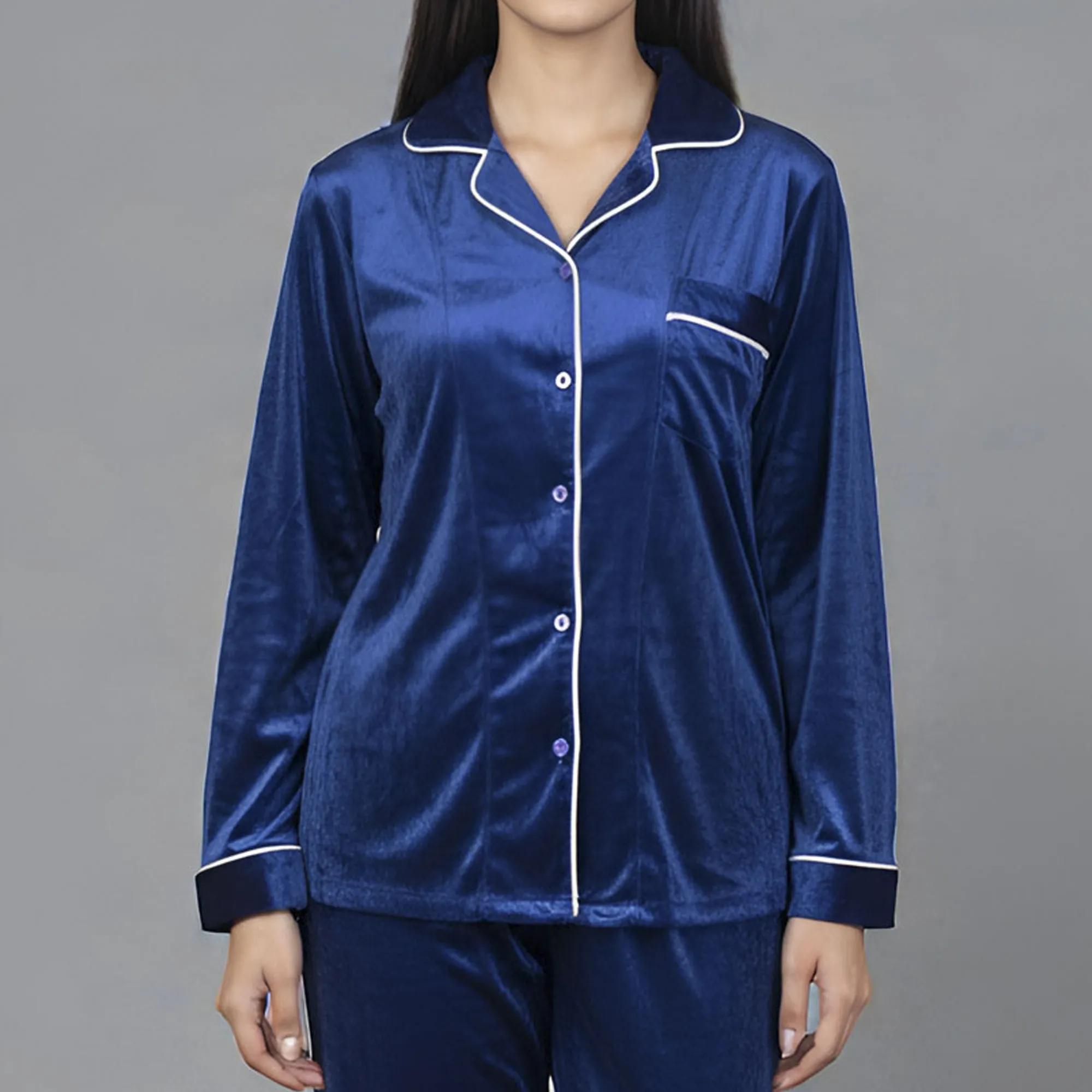Blue Velvet Collar Shirt Pajama Set