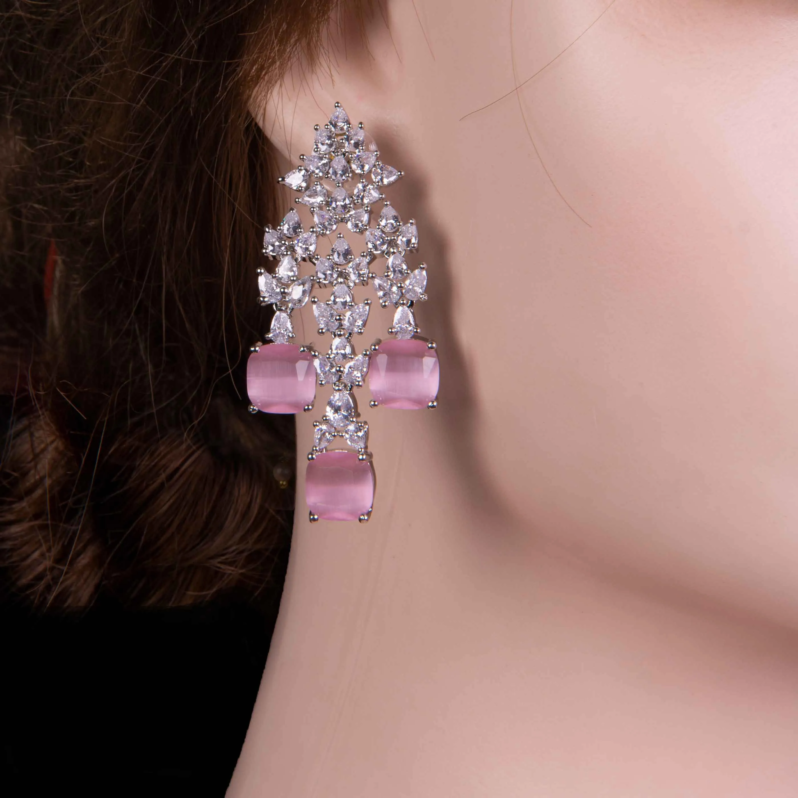 One Carat Pink Stone Silver Jhumka Earring