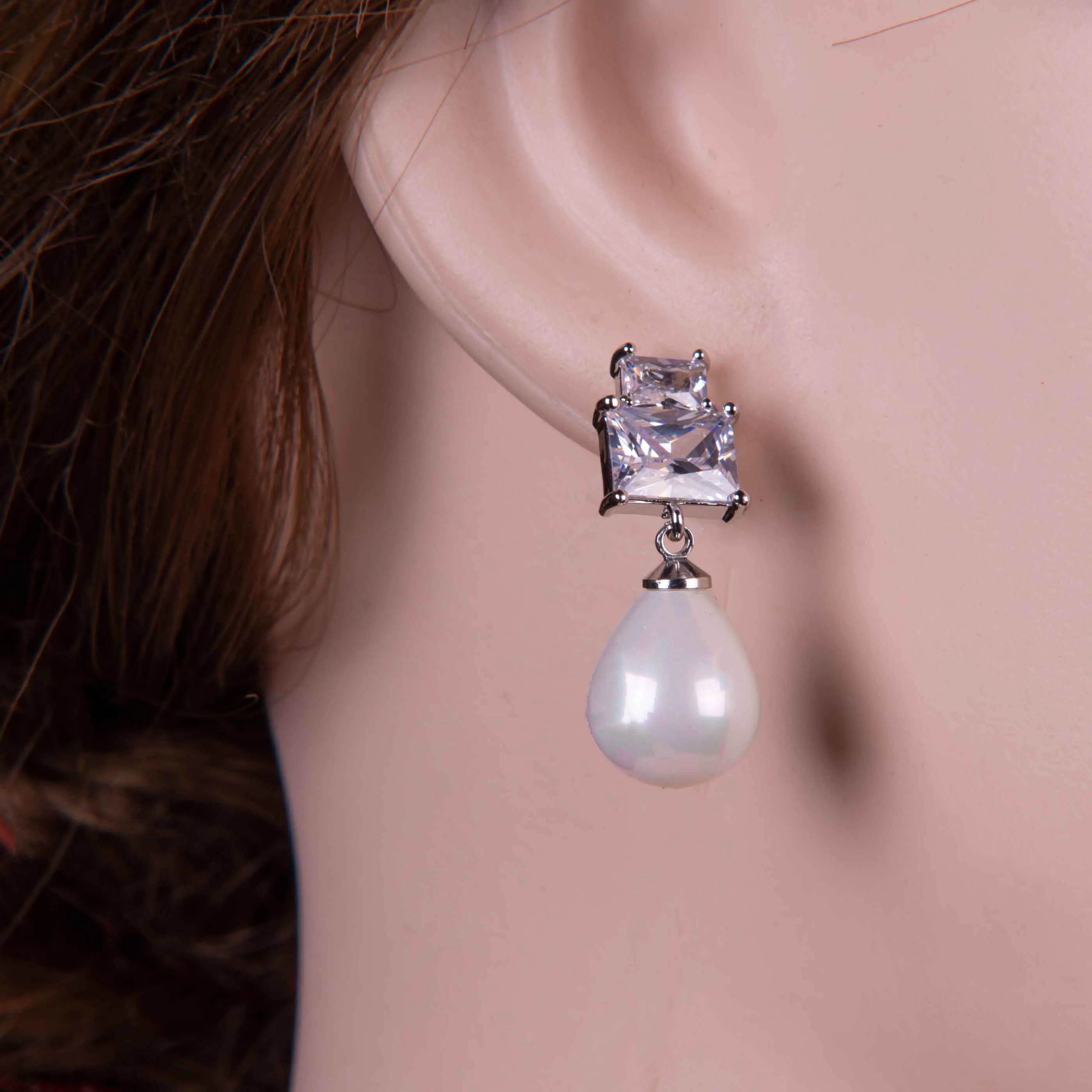 Freshwater White Pearl Shiny Zircon Sterling Silver Dangle Drop Earring