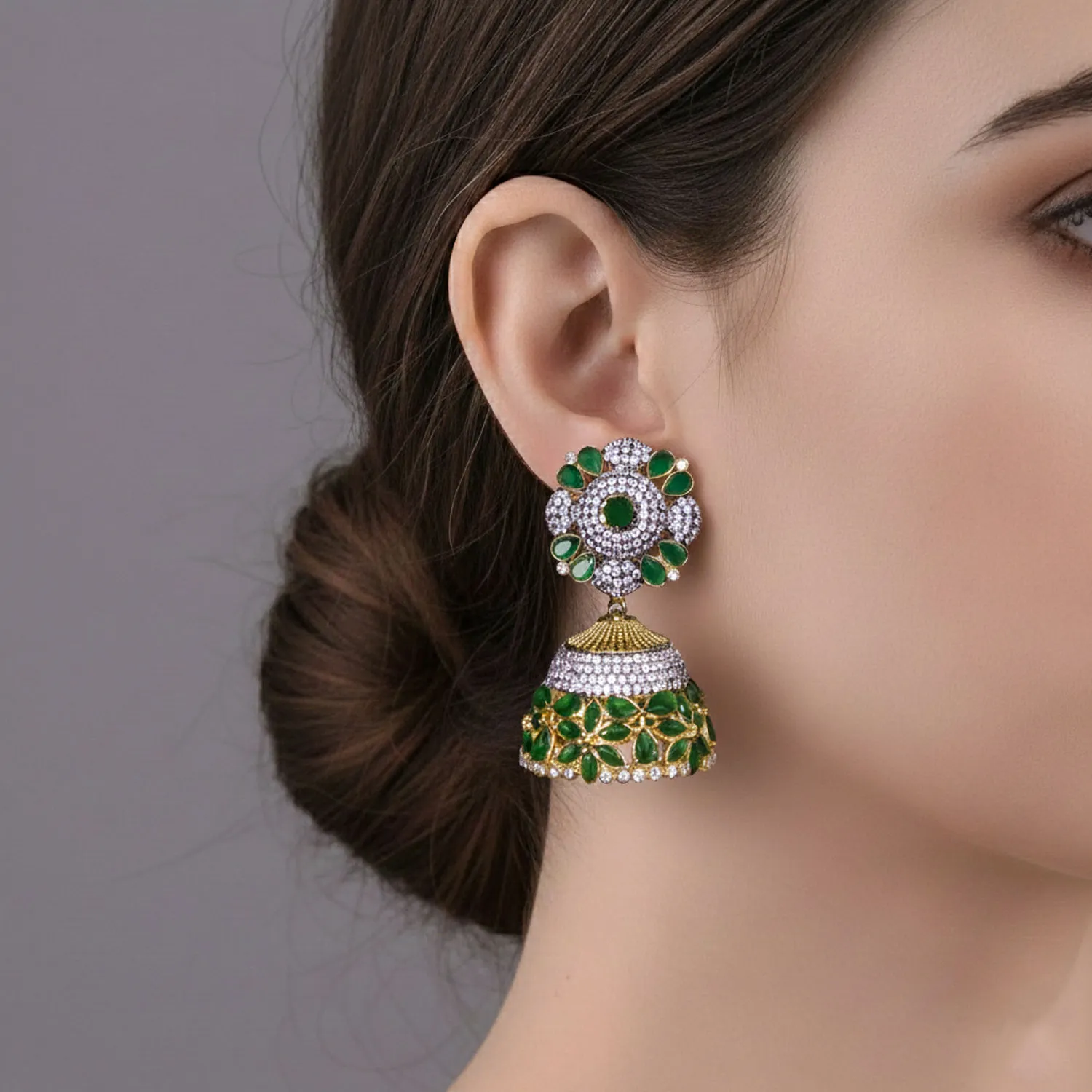 Emerald Blossom Kundan Jhumka Earrings