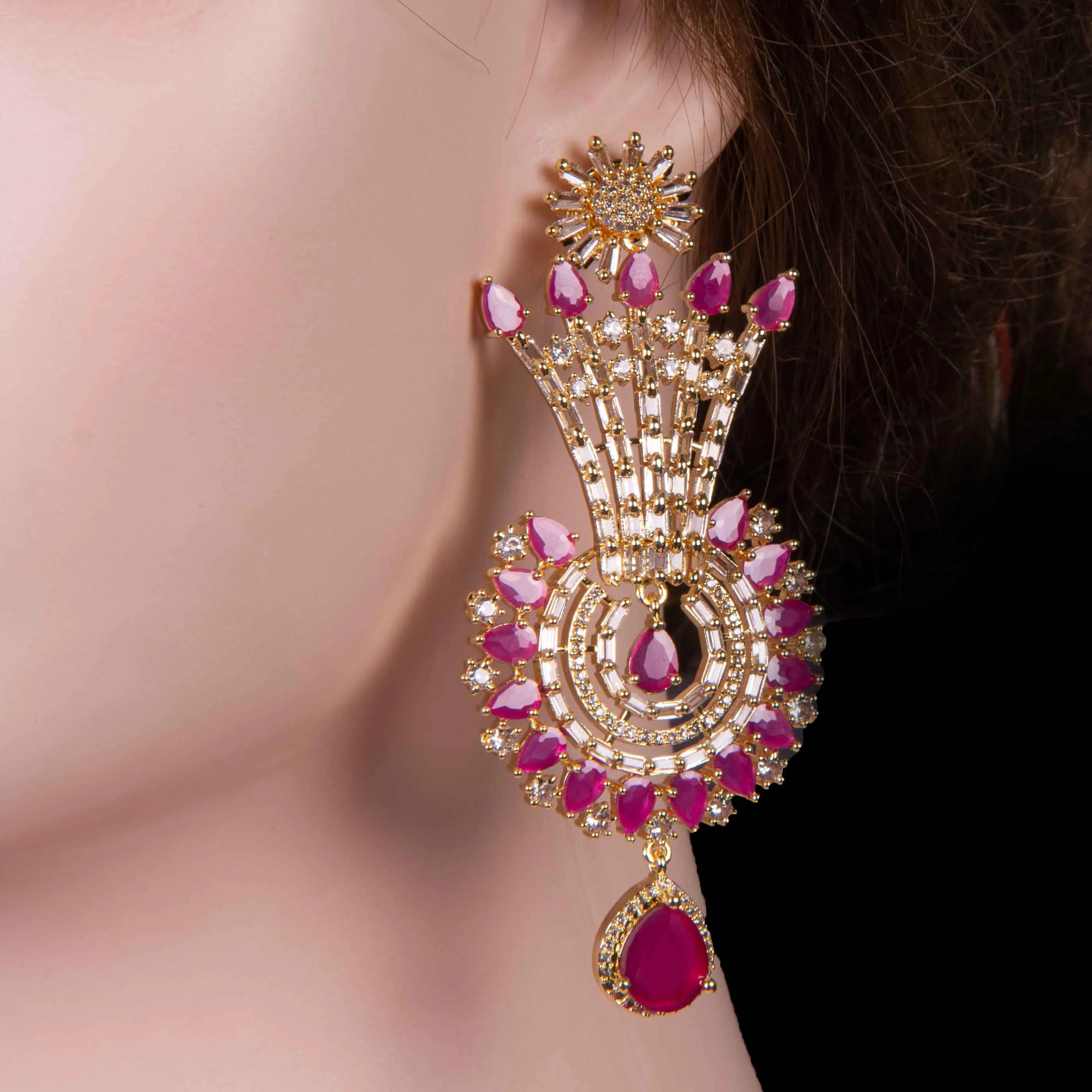 Gold Plated Pink Stone Jhumka Earrings