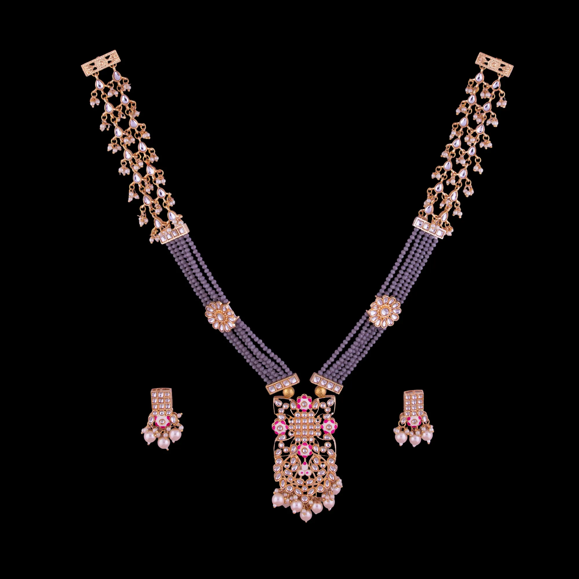 Floral Kundan Pendant Beaded Mala Set