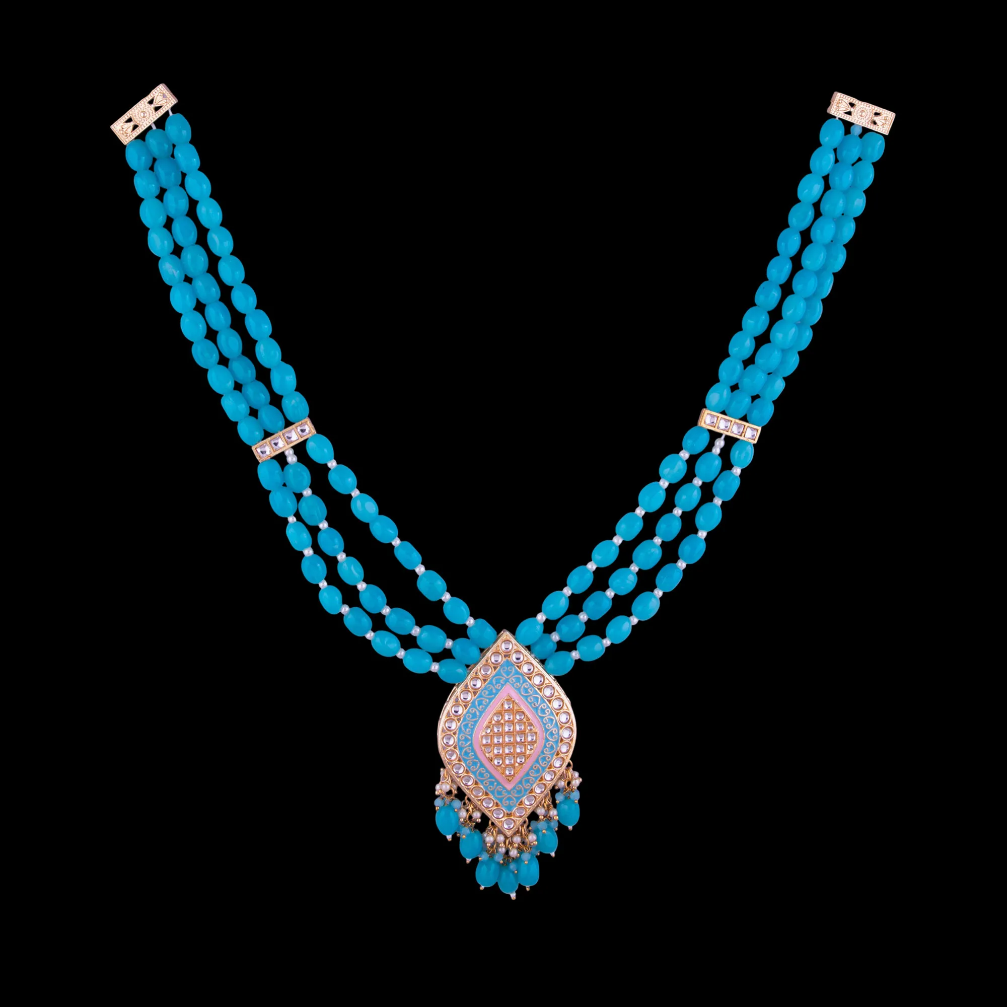 Aqua Blue Pendant Beaded Mala Set