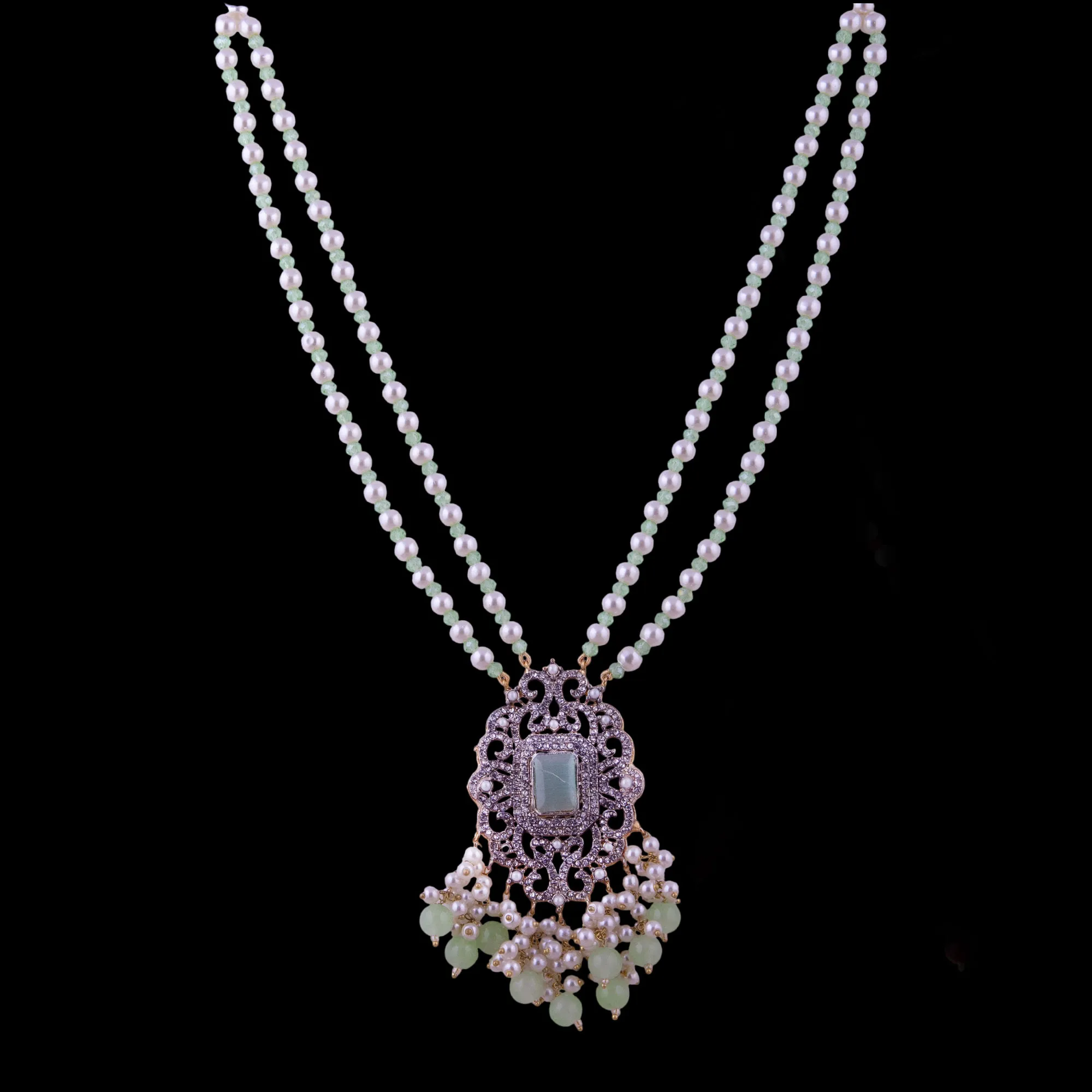 Sterling Silver Pearl Kundan Long Mala Set