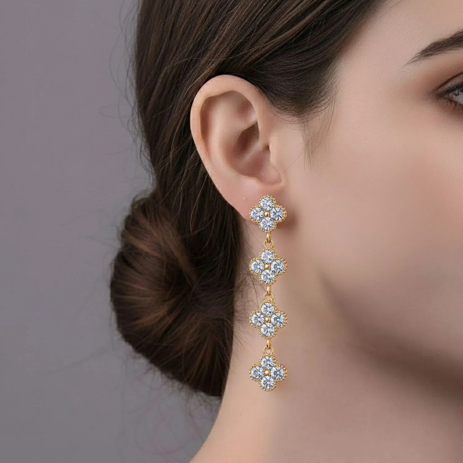 Pave Clover Dangle Drop Earrings