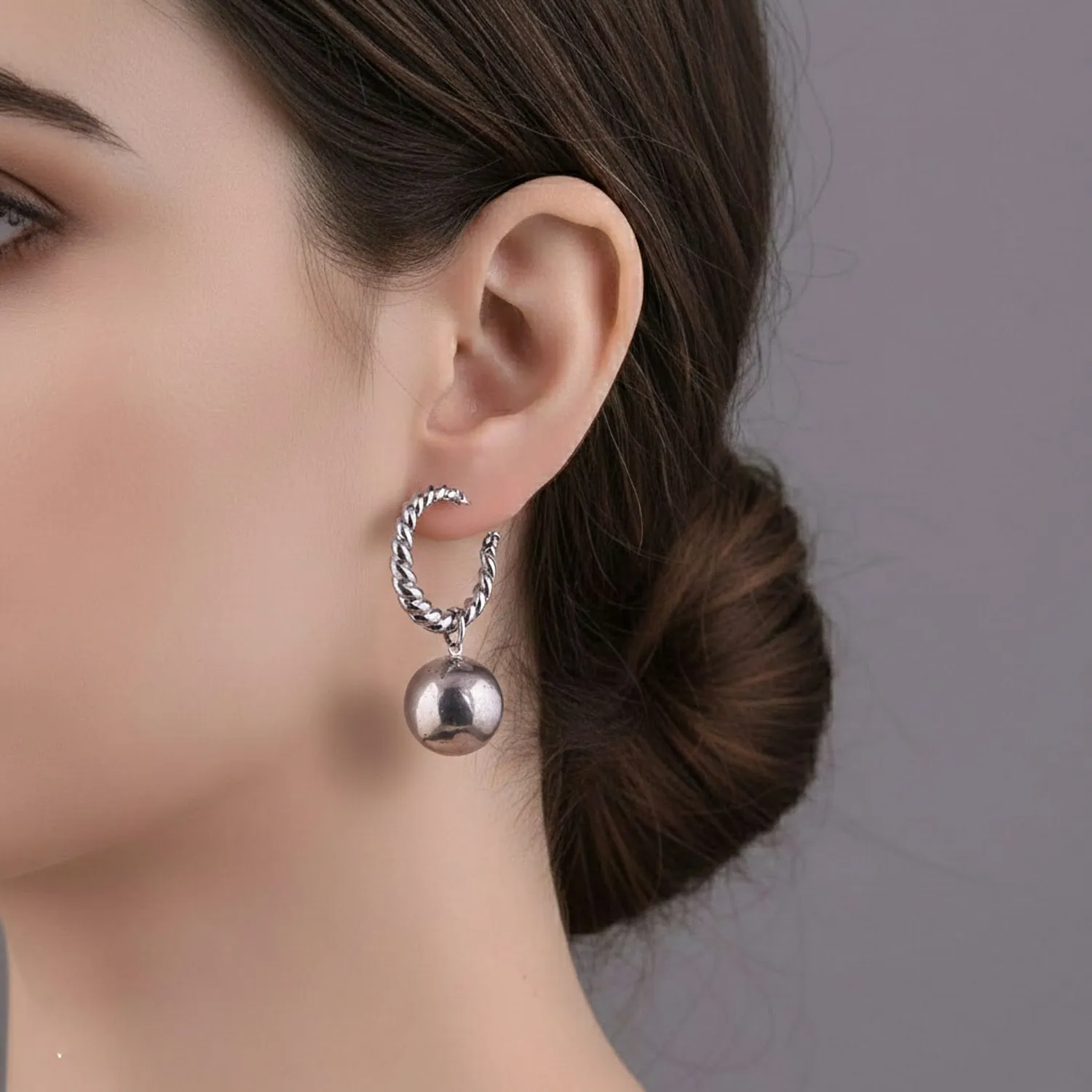 Silver Ball Drop Twisted Hoops Earrings