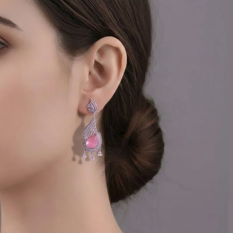 Pink Silver-Toned American Diamond Drop Earrings