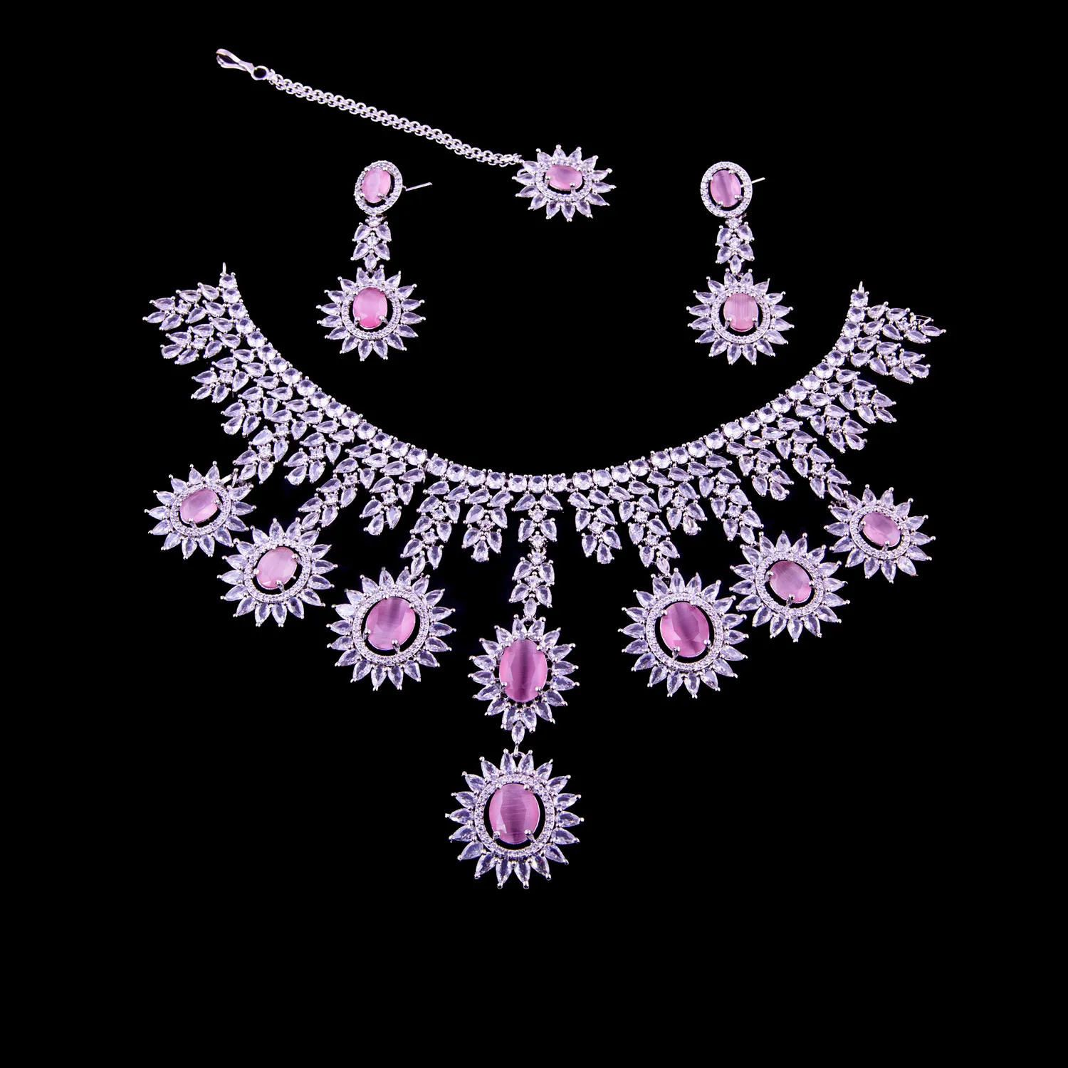 Pink Stone CZ Sunburst Necklace Jewellery Set