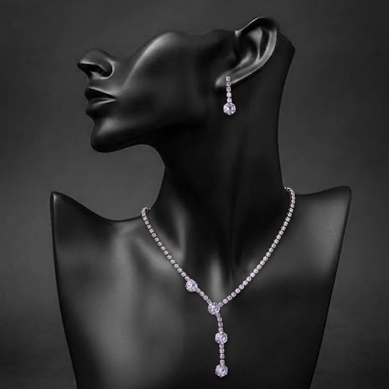 Rhinestone Drop Silver Necklace Set