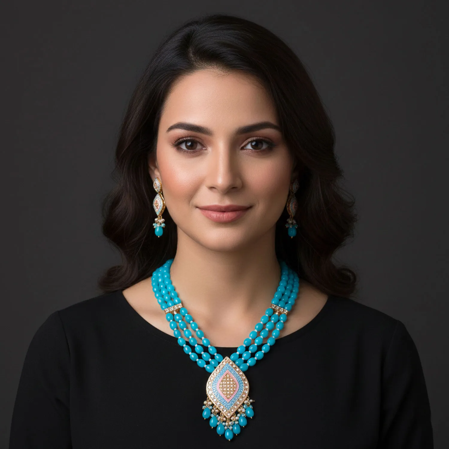 Aqua Blue Pendant Beaded Mala Set