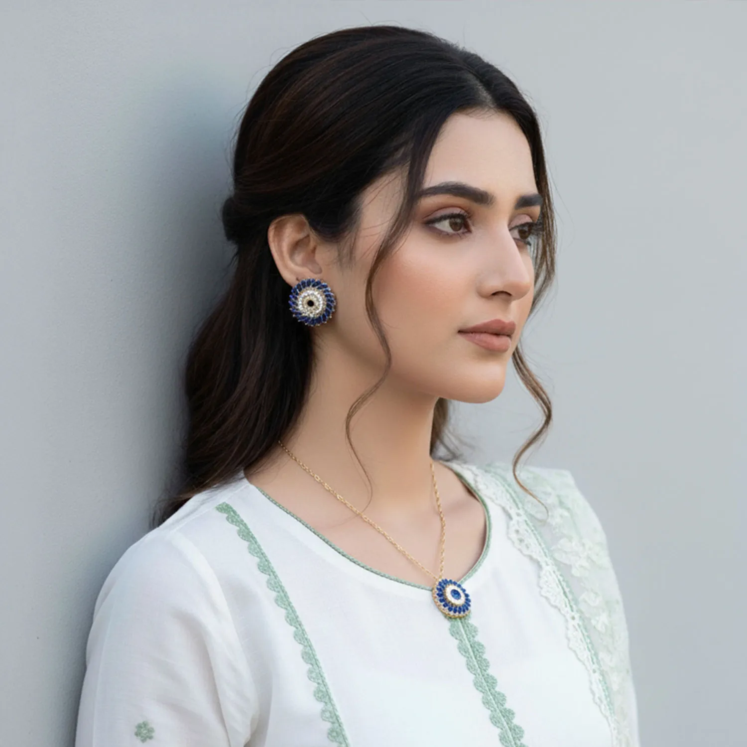 Blue Sapphire & Zirconia Pendant Necklace Set