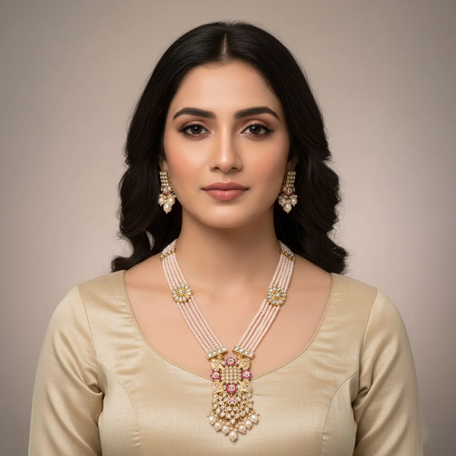 Floral Kundan Pendant Beaded Mala Set