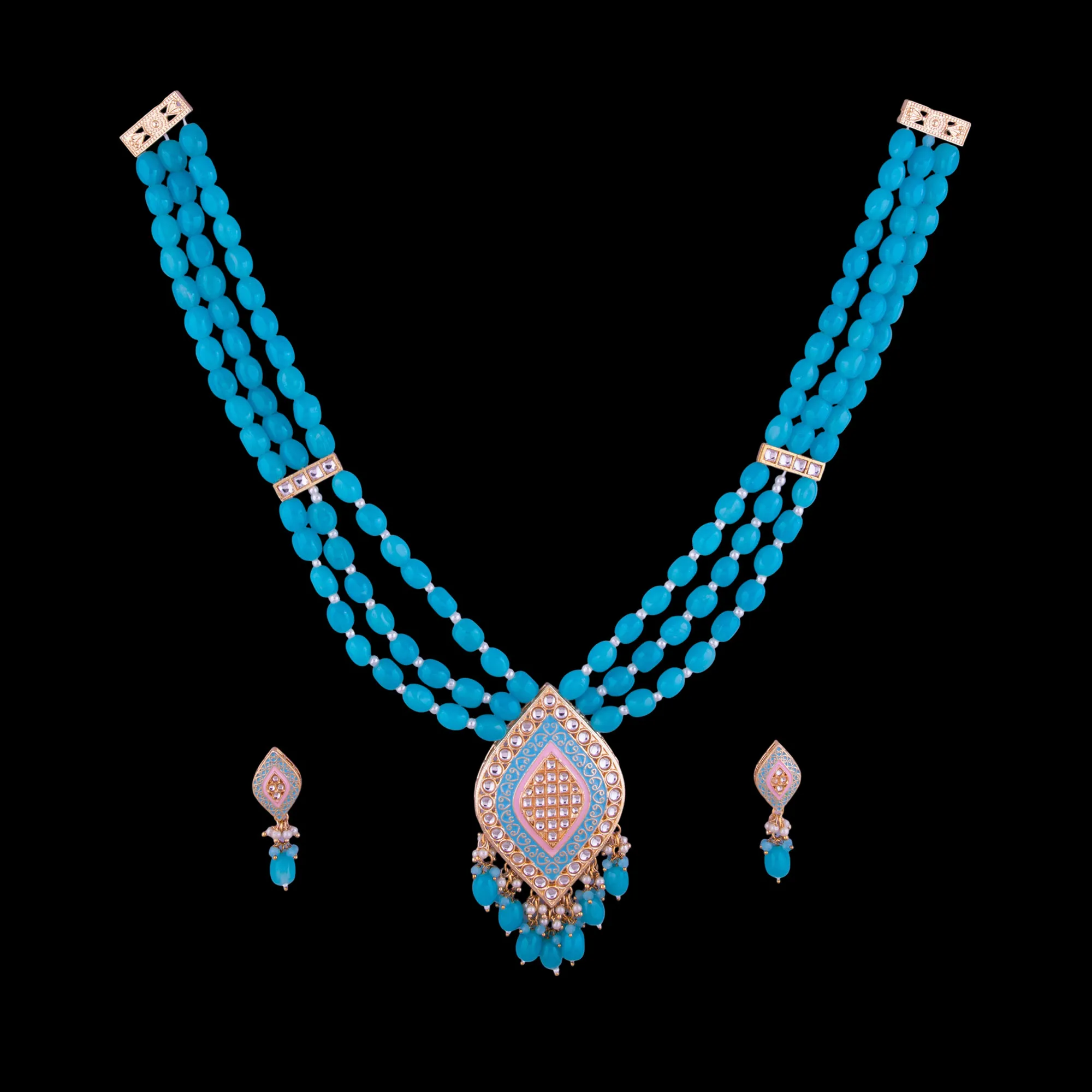 Aqua Blue Pendant Beaded Mala Set