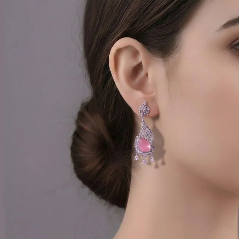 Pink Silver-Toned American Diamond Drop Earrings