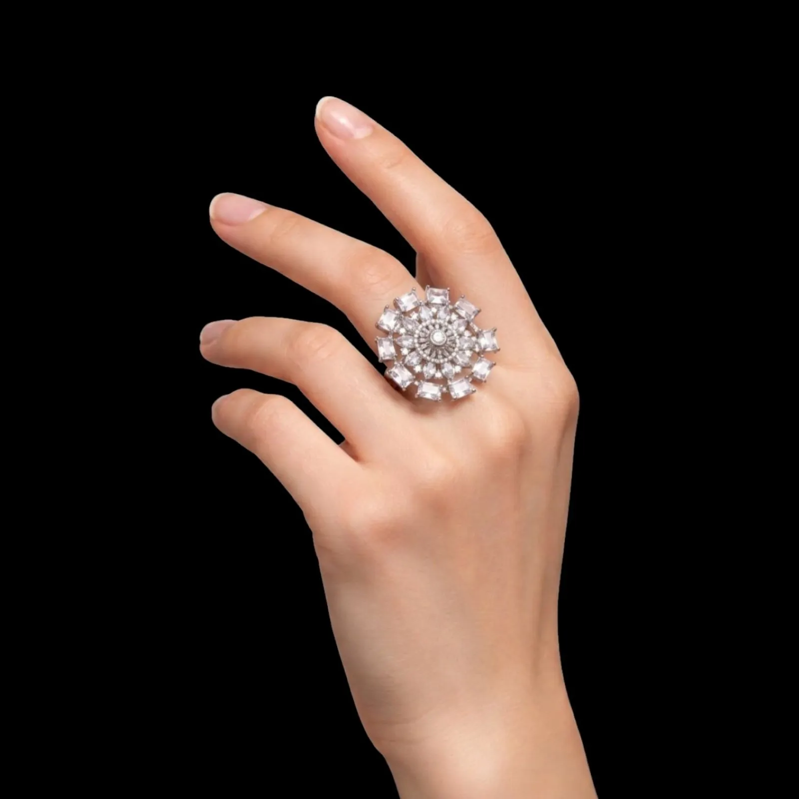 Floral Silver Zircon Ring