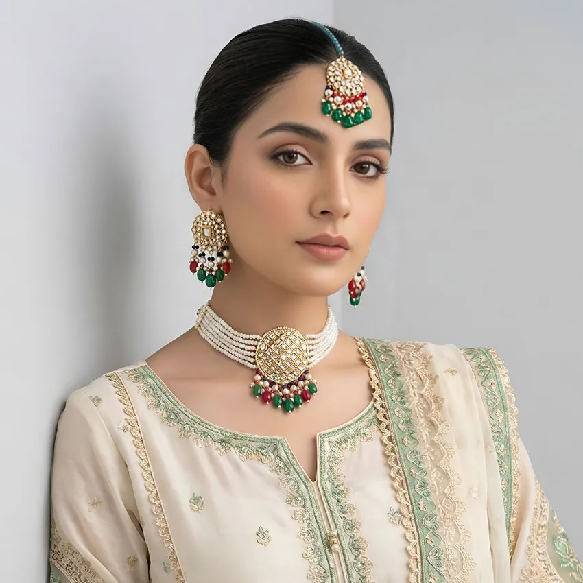 Green pearl drops kundan choker necklace set