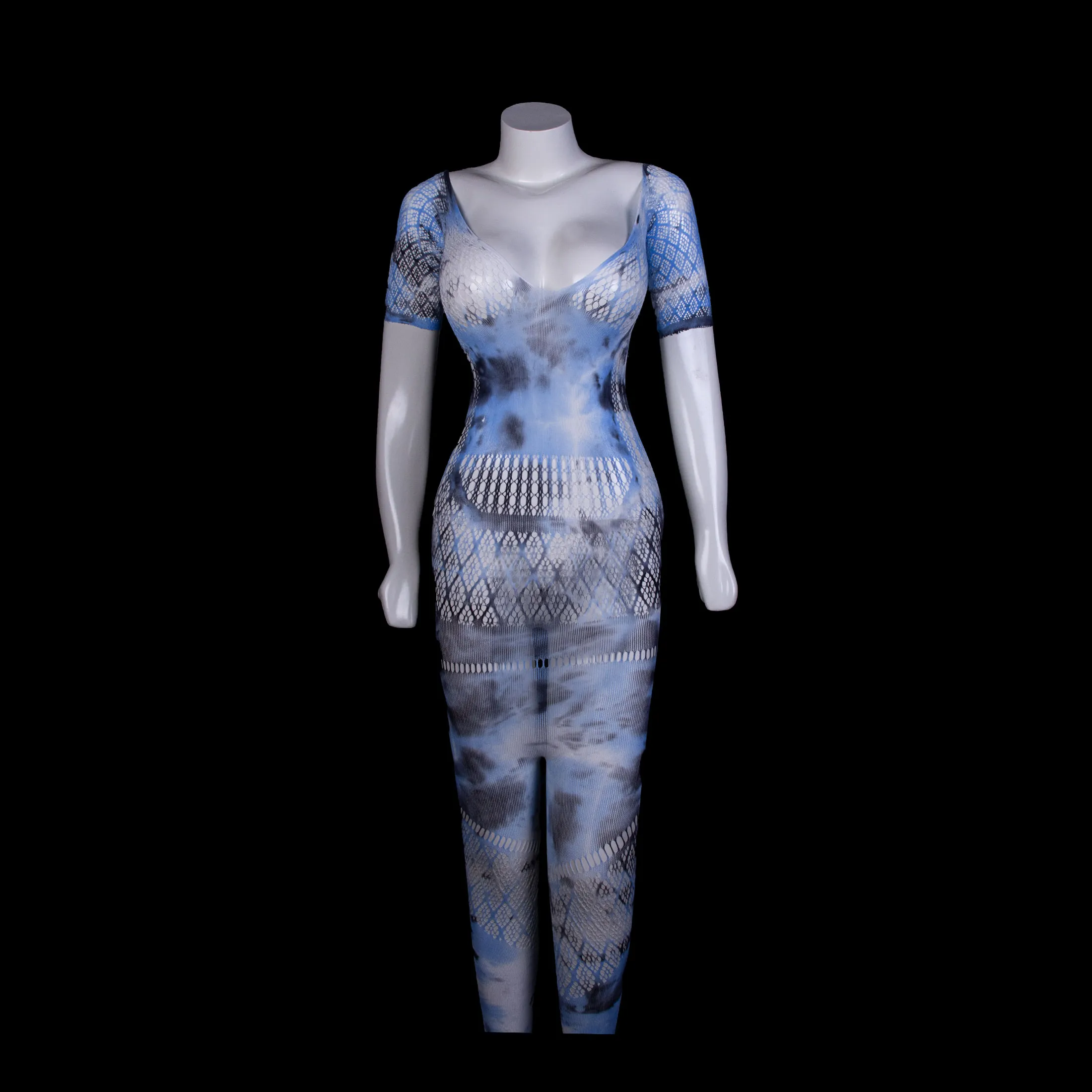 Icy Blue Mesh Lingerie Catsuit Stocking