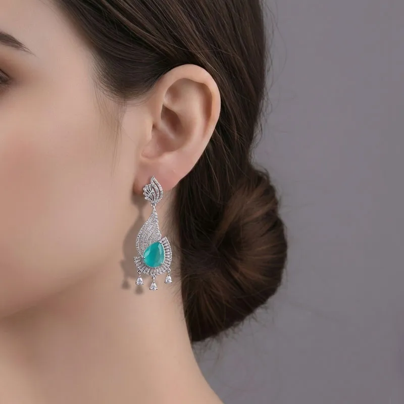 Mint Stone Emerald Diamond Cluster Drop Earrings