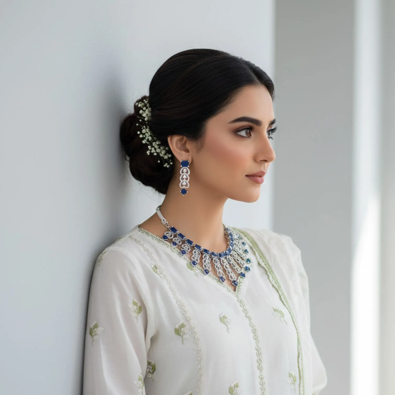 Blue Stone Silver Plated Zircon Necklace Set