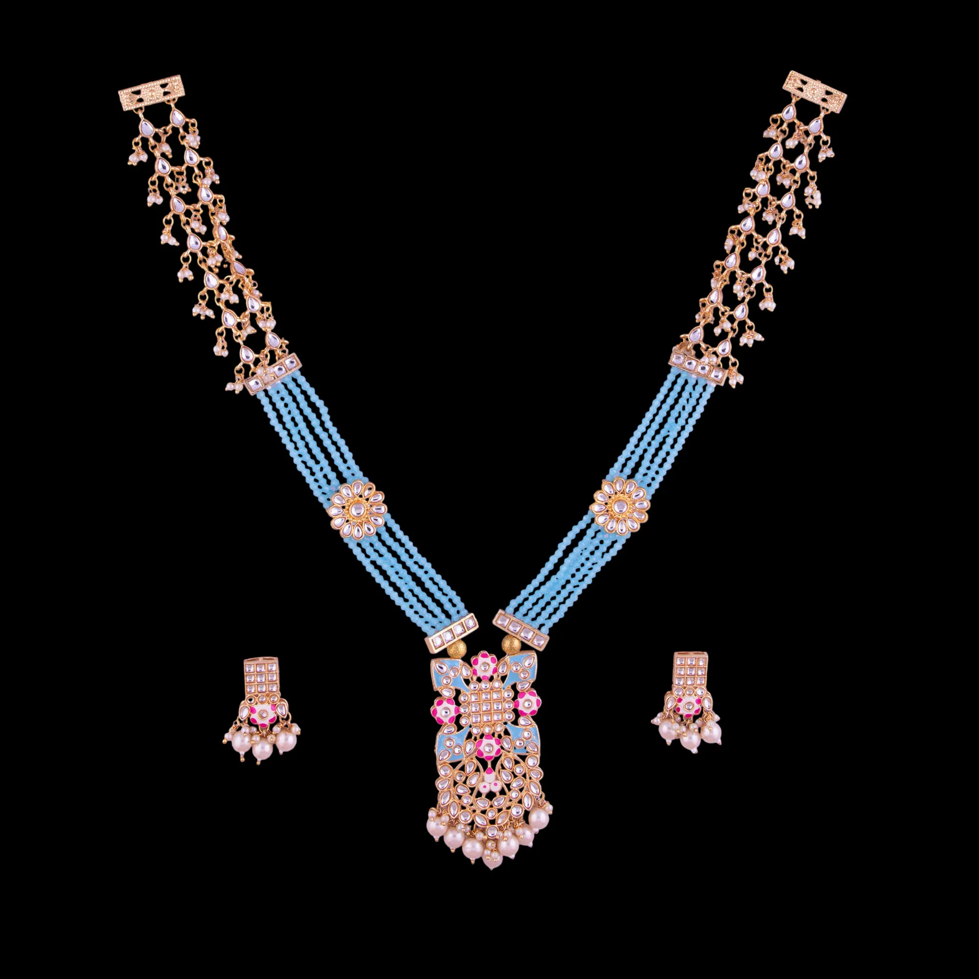 Floral Kundan Pendant Beaded Mala Set