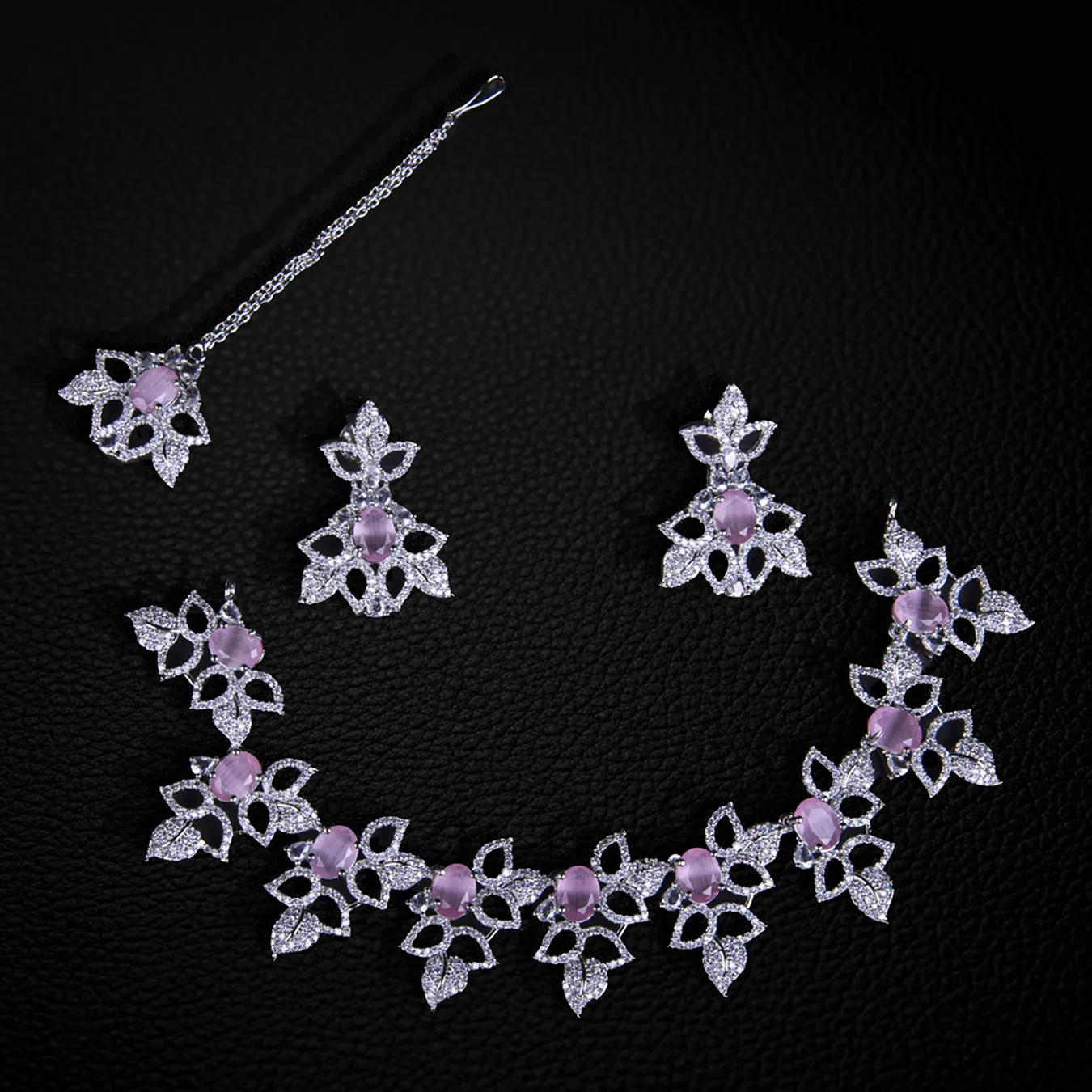 Pink American Diamond Necklace Set