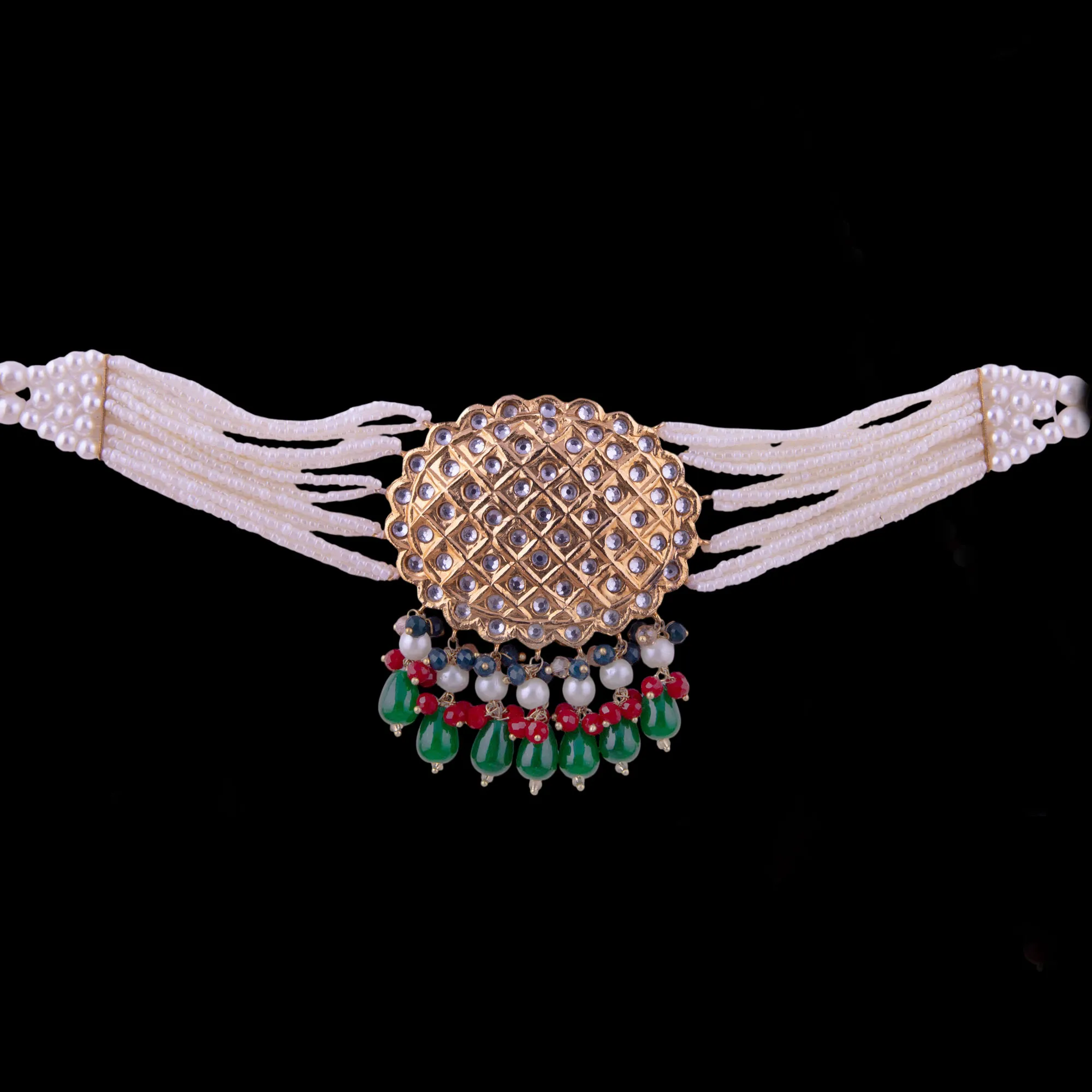 Green pearl drops kundan choker necklace set