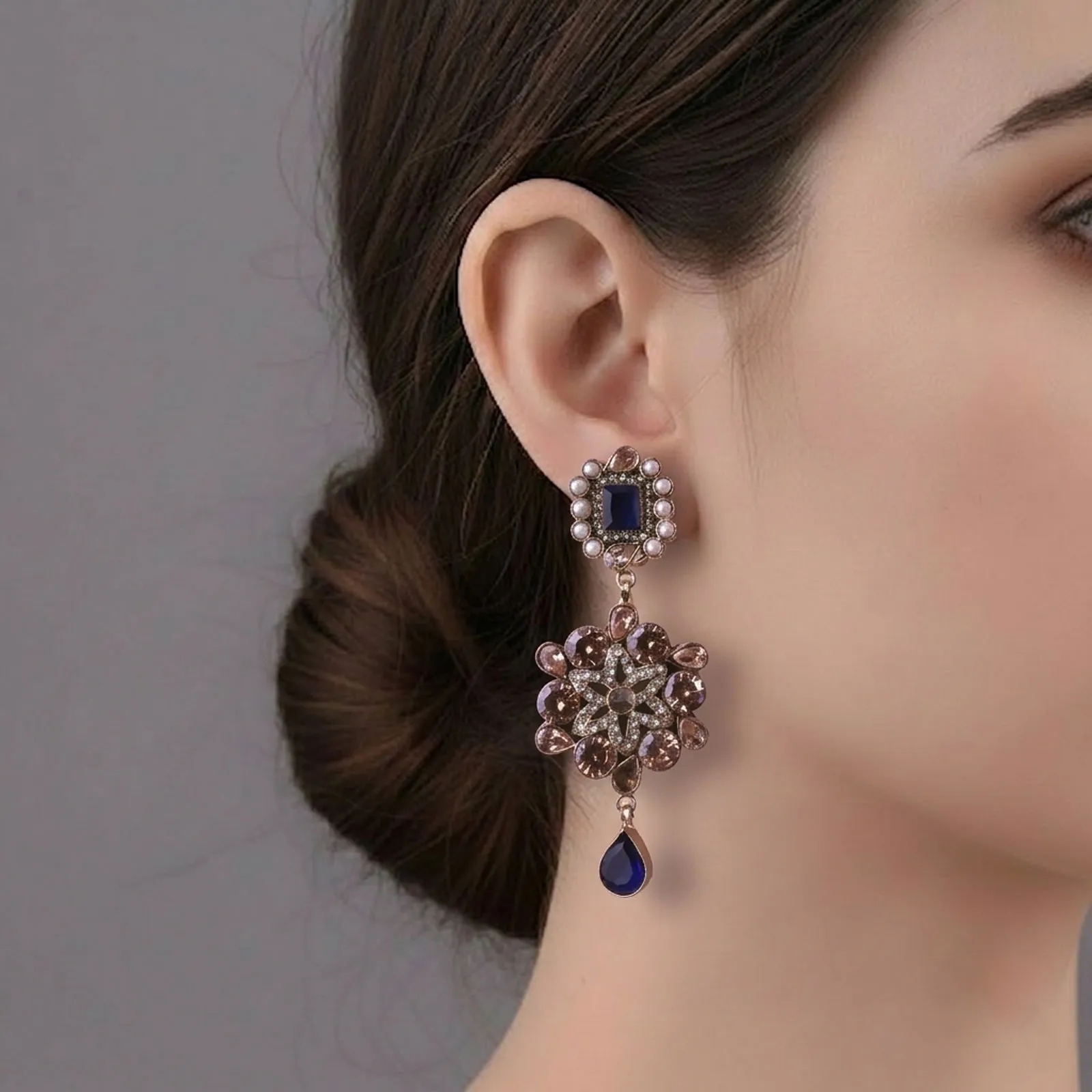 Sapphire & Pearl Floral Drops Earrings