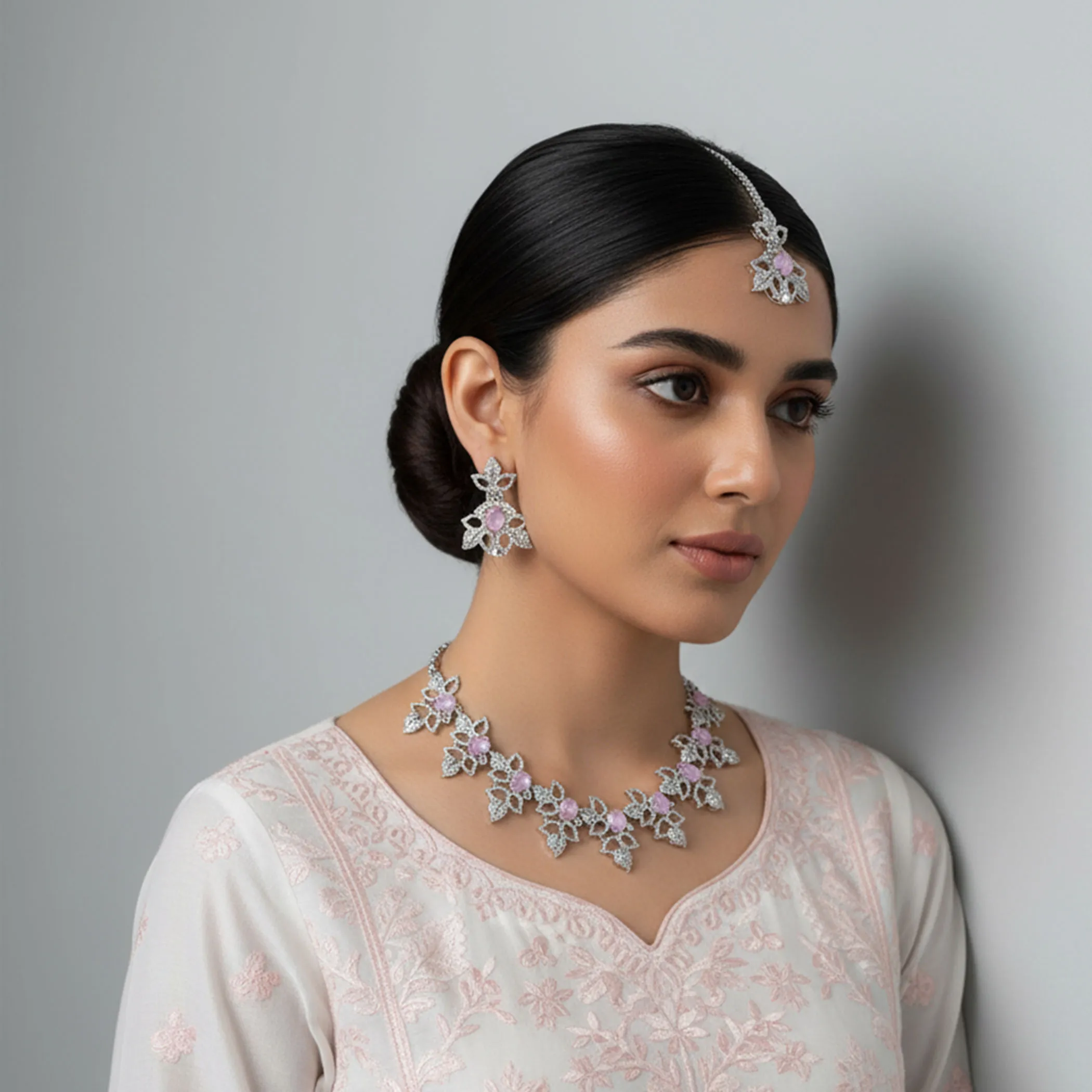 Pink American Diamond Necklace Set