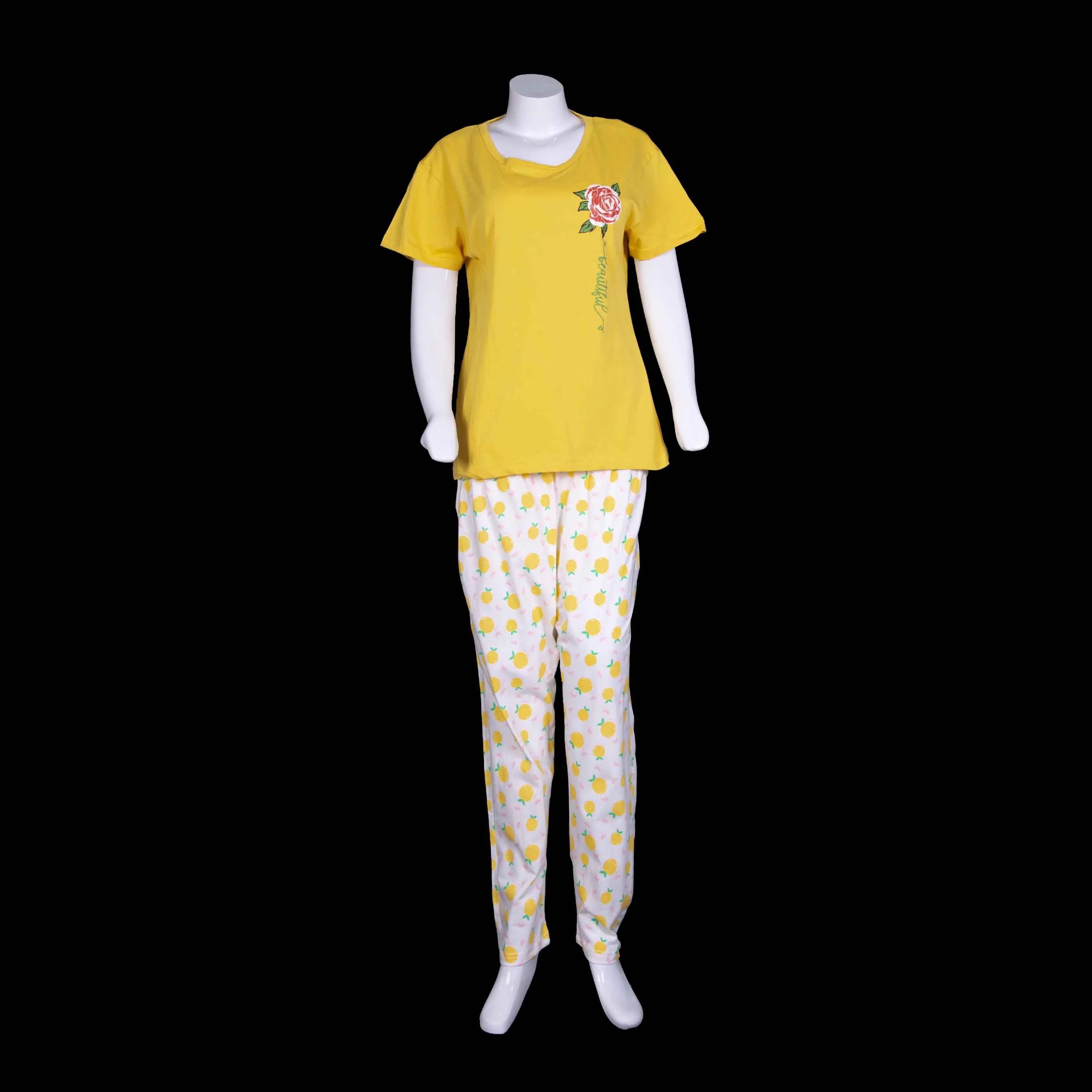 Yellow Printed Night Suit For Ladies